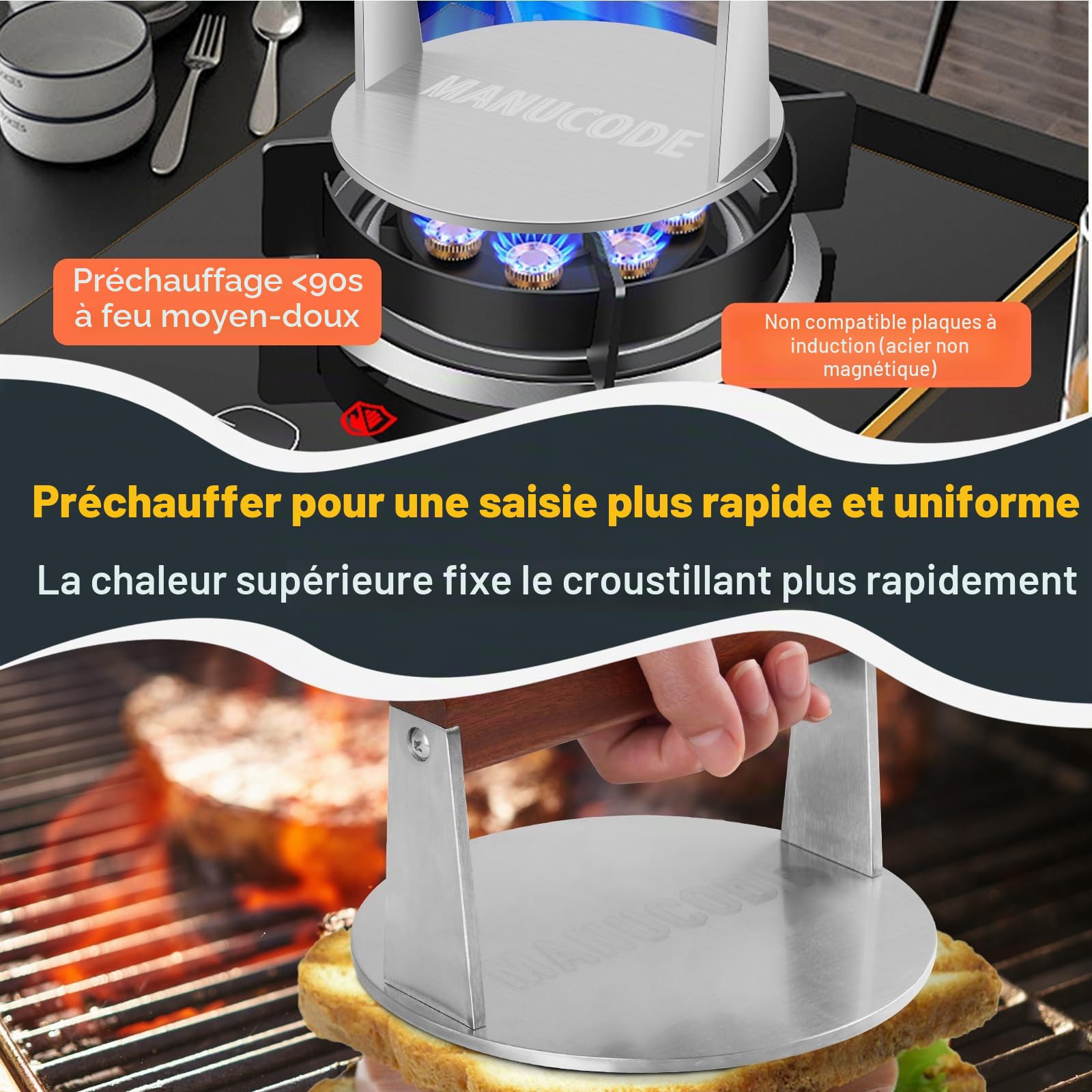 Presse à hamburger Smash en acier inoxydable, 17cm, 1000g Smasher à burger, presse-viande pour steak