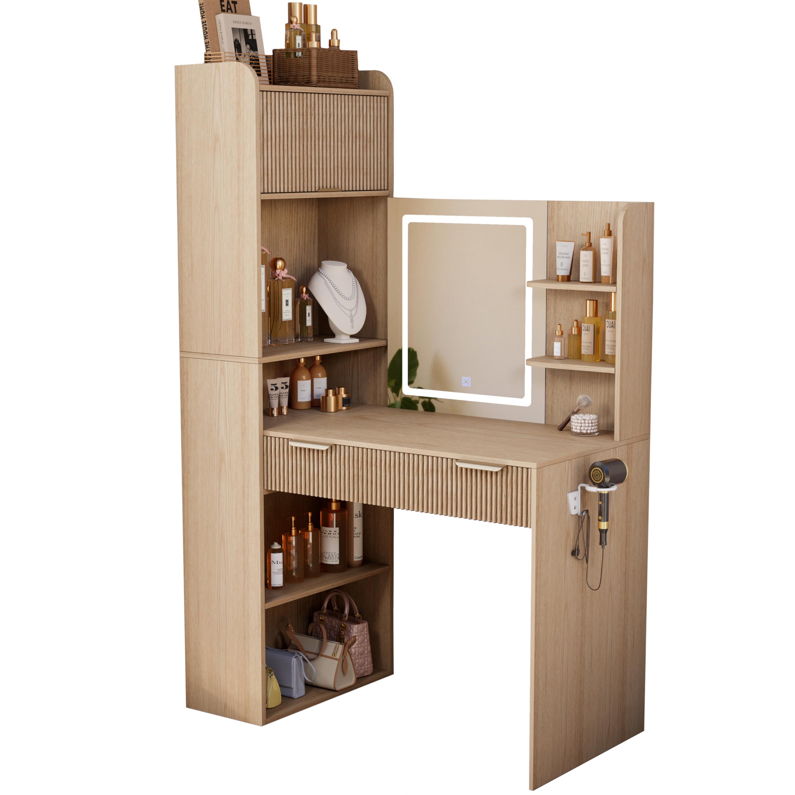 Royal Windsor Makeup Vanity Desk with Mirror and Lights, Corner Vanity Desk, 3 Color Touch Screen Led Mirror, High-Capacity Storage, Girls Vanity