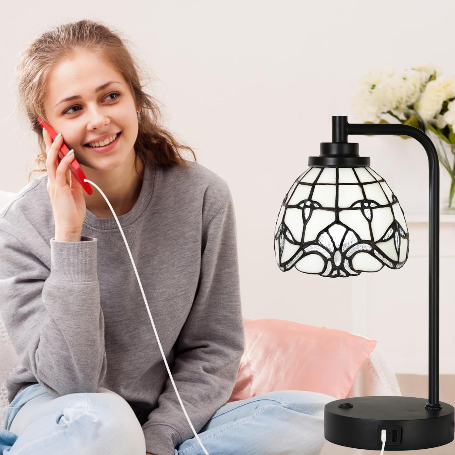 TL0020 ティファニーテーブルランプ USB充電ポート2個付き デスクランプ ホワイトバロックステンドグラスランプシェード レト