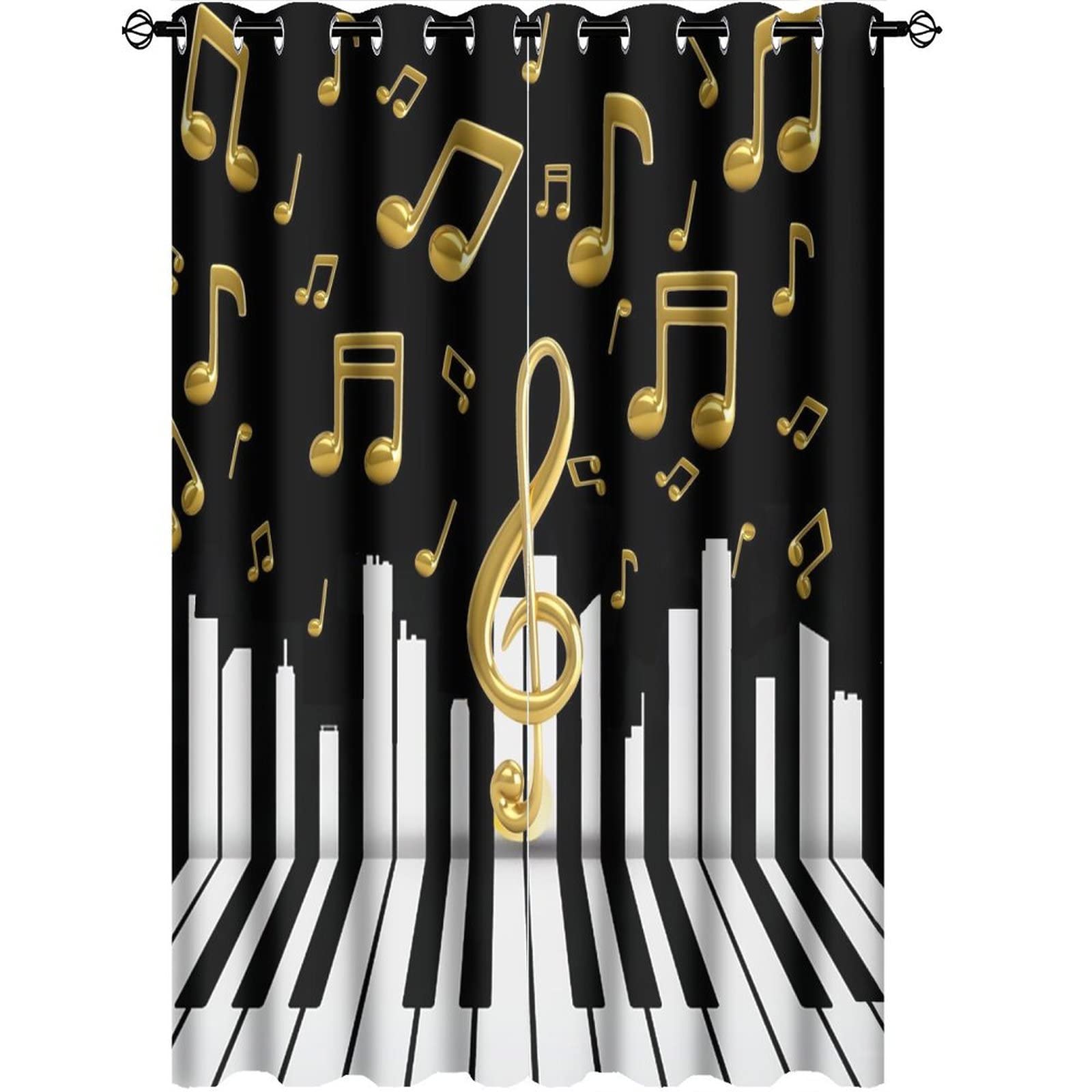 Kazynee Abstract Music Ultra Soft Premier Blackout Curtains,Black White Piano Keyboard Gold Symbols Music ThemeThermal Insulated Bedroom Noise Reducing Patio Door Grommet Top,2 Panels 63L x 21W