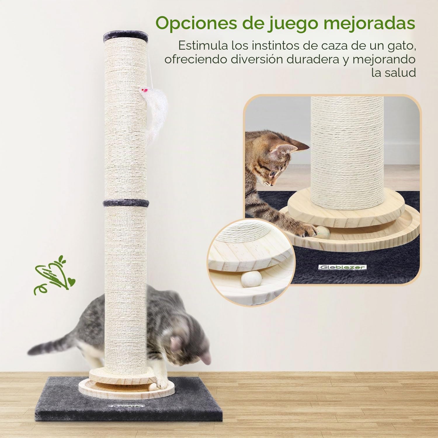 Globlazer Postes Rascadores XXL Alto 90 cm & 50 cm Ajustable 2 en 1 con Trackball Madera Felpa Gato Juguete Grande Base Poste Sisal, Rascador XXL para Gatos Grandes Interior (SC35, Gris Oscuro)