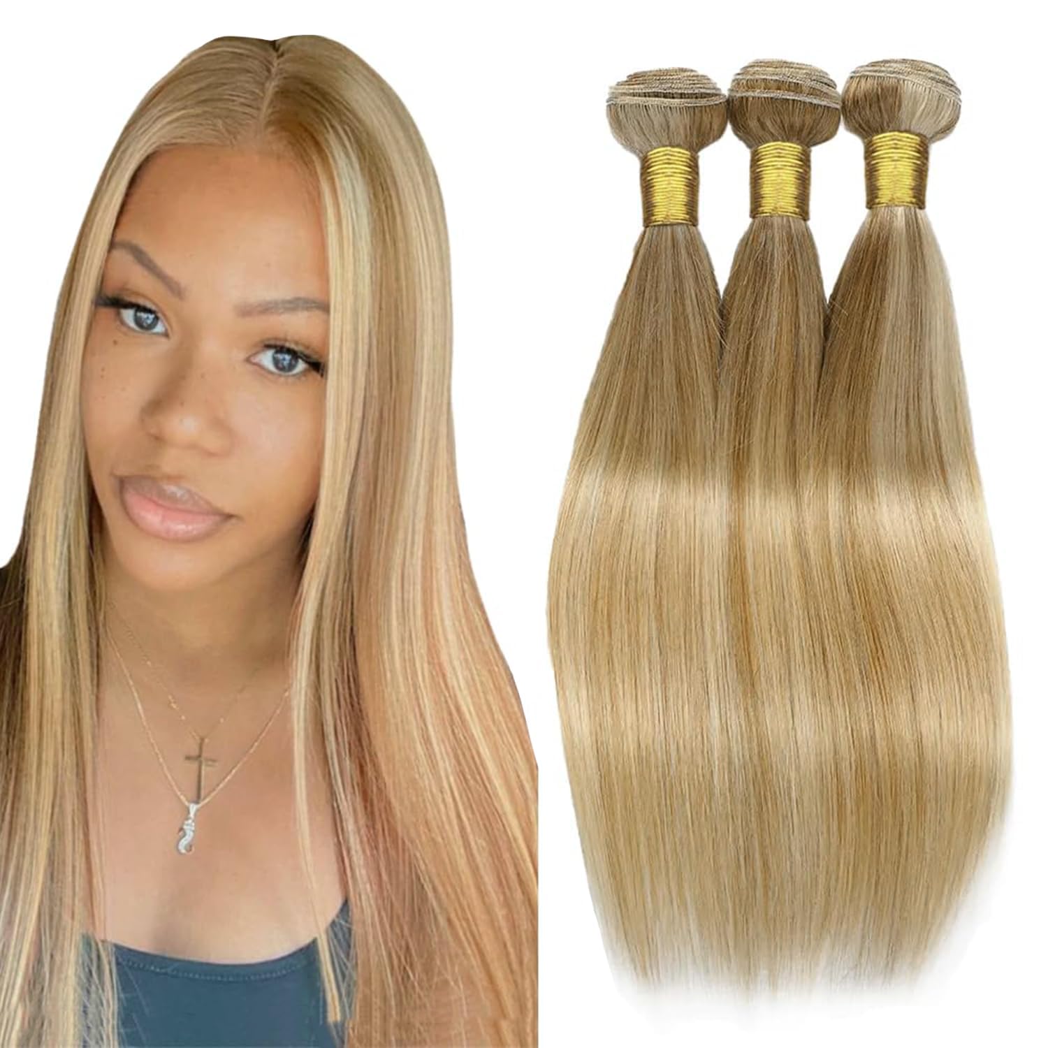 Photo 1 of **ONE BUNDLE**Fabimiya Bundles Human Hair 26 28 30 Inch Straight Brown P27/613 Color Brown Blonde Human Hair Bundles 12A Unprocessed Brazilian Virgin Hair Quick Weave Bundles for Black Women
