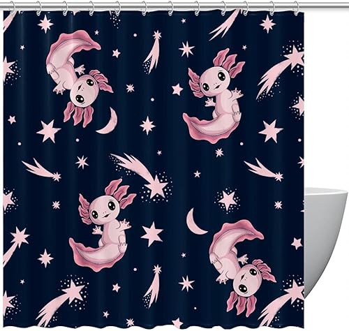 Miniatura 1 de KXO Cortina de ducha con diseño de ajolote rosa, impermeable, lavable, juego de cortinas de baño de poliéster con ganchos, 72 x 72 pulgadas