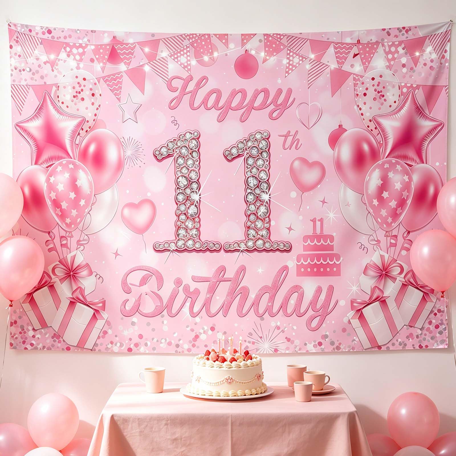 Merzio 11th Birthday Decorations Banner Backdrop for Girls - Happy 11 Years Old Princess Party Decoration Background, Pink Birthday Banners Photography Background Welcome Sign (150x100cm)