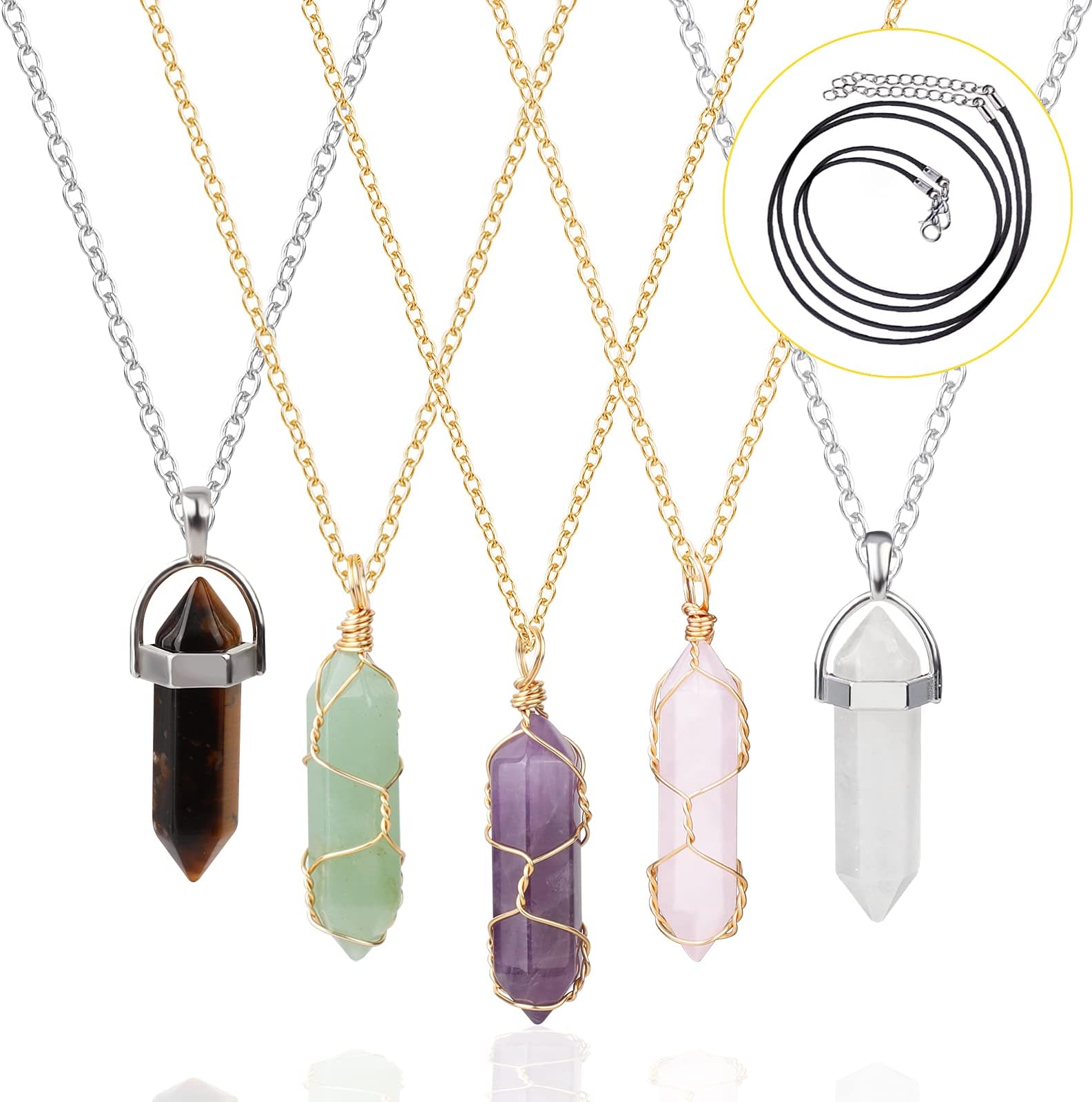 Pwsap5PCS in 2 Styles Hexagonal Crystal Necklaces for Women Girls, Natural Quartz Pendant Necklace, Healing Crystal Gemstone Necklaces with 2pcs Wax Ropes