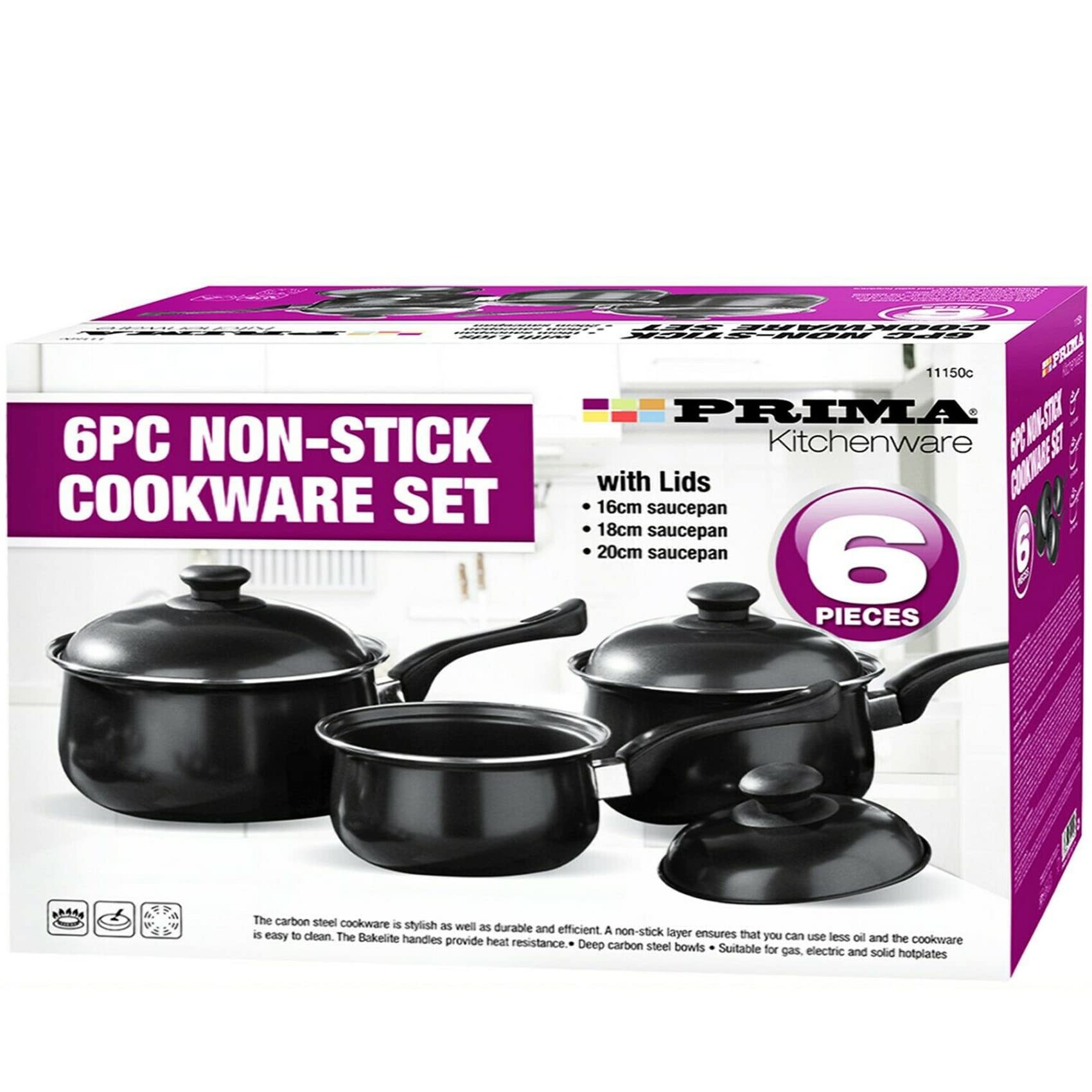 NTI 6 Pcs Black Carbon Steel Saucepan Set | Prima Cookware | Non-Stick with Lids | Cooking Pots | Home Kitchen Chef | Housewarming Gifts | Healthy Food Cooker 16/18/20cm | Durable UK Free P&P