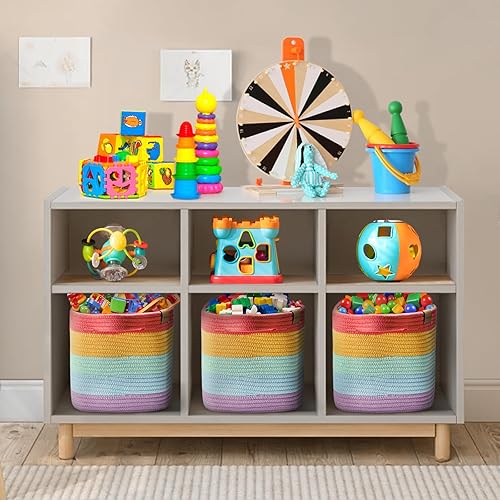 Miniatura 5 de BROVIEW L1 - Cestas de almacenamiento de arcoíris, contenedores de almacenamiento de juguetes para bebé, cesta tejida de cuerda para estantes, cesta