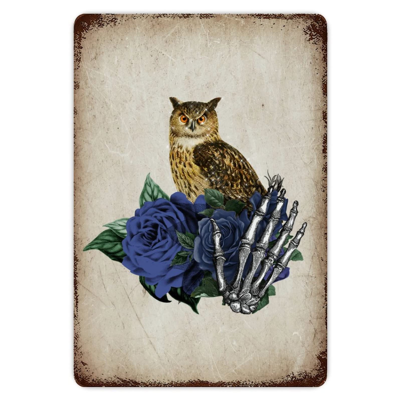 ENEDNATE Farmhouse Rustic Aluminum Sign Happy Halloween Owl Skull Rose Floral Metal Sign Retro Aluminum Tin Sign for Kitchen Bedroom Living Room Wall Art Door Hanger Home Decor Sign 8x12 Inch