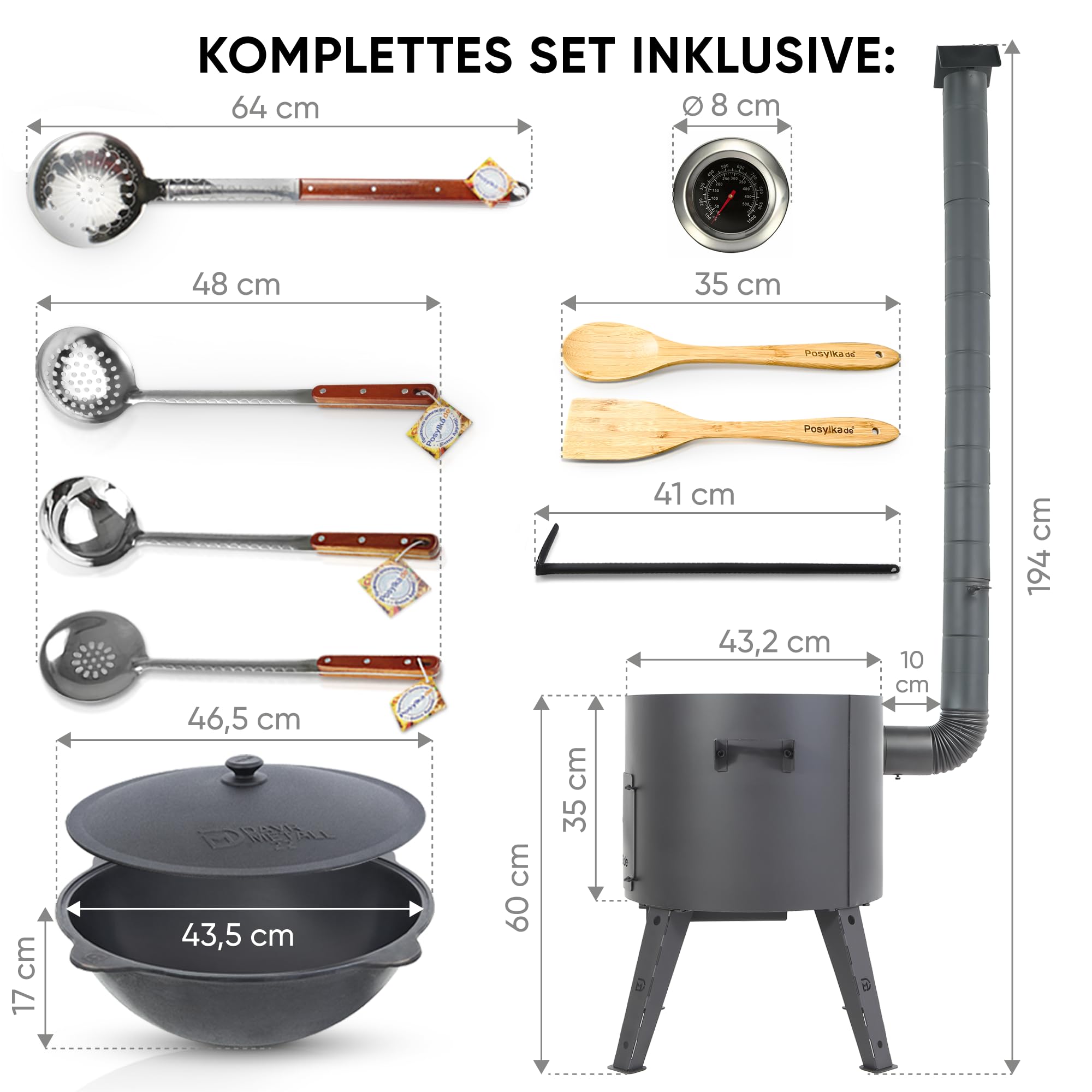Kazan - Cuchara de hierro fundido Kazan (16 L, con estufa de fuego Utschak, diámetro de 44 cm, base redonda, para cucharón Plov, cuchara de madera, espátula Учак Учаг Uchag Asia (Set 6)