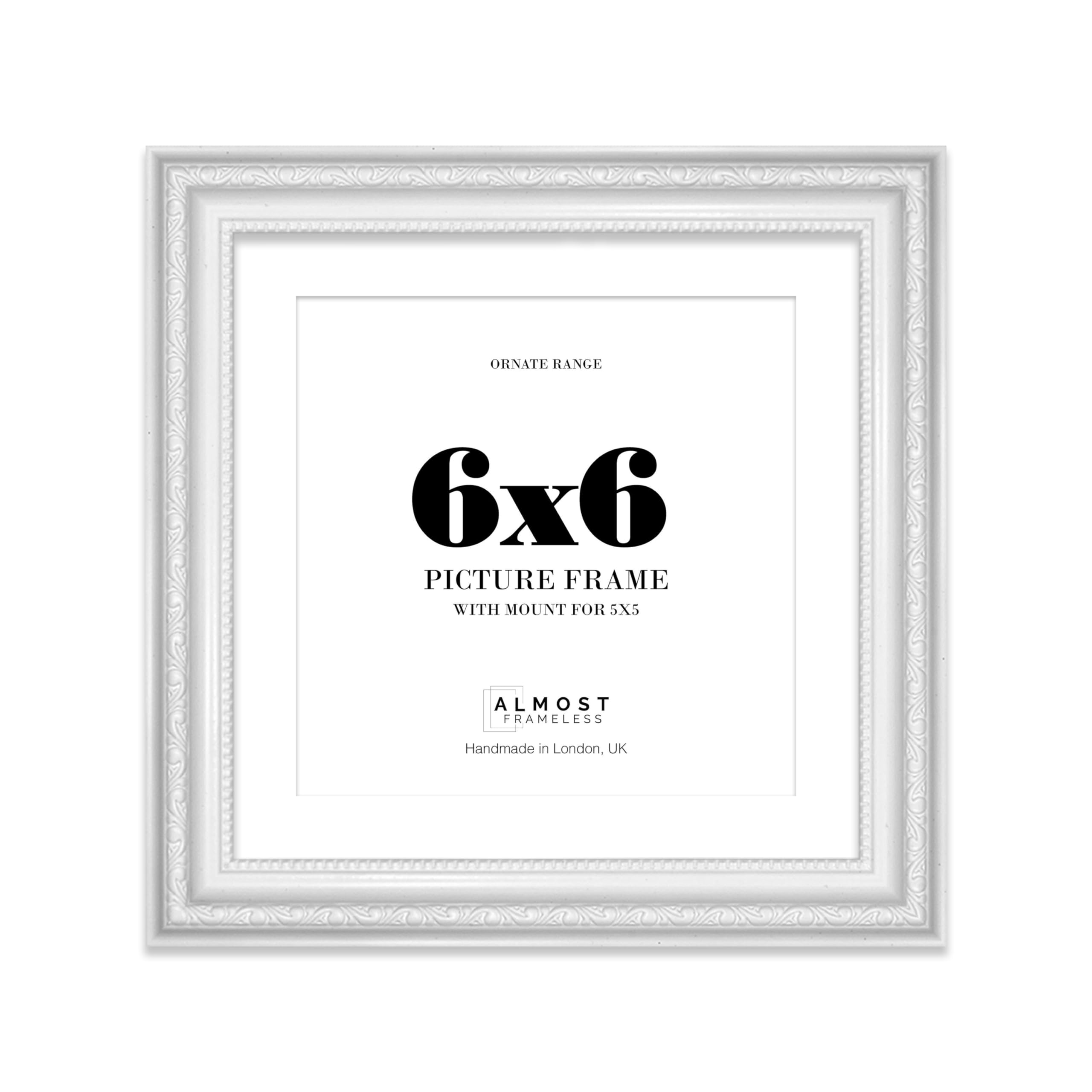 6x6 White Ornate Photo Frame With White Mat For 5x5 Picture, Ready to Hang or Stand, 1 Pack — image 1