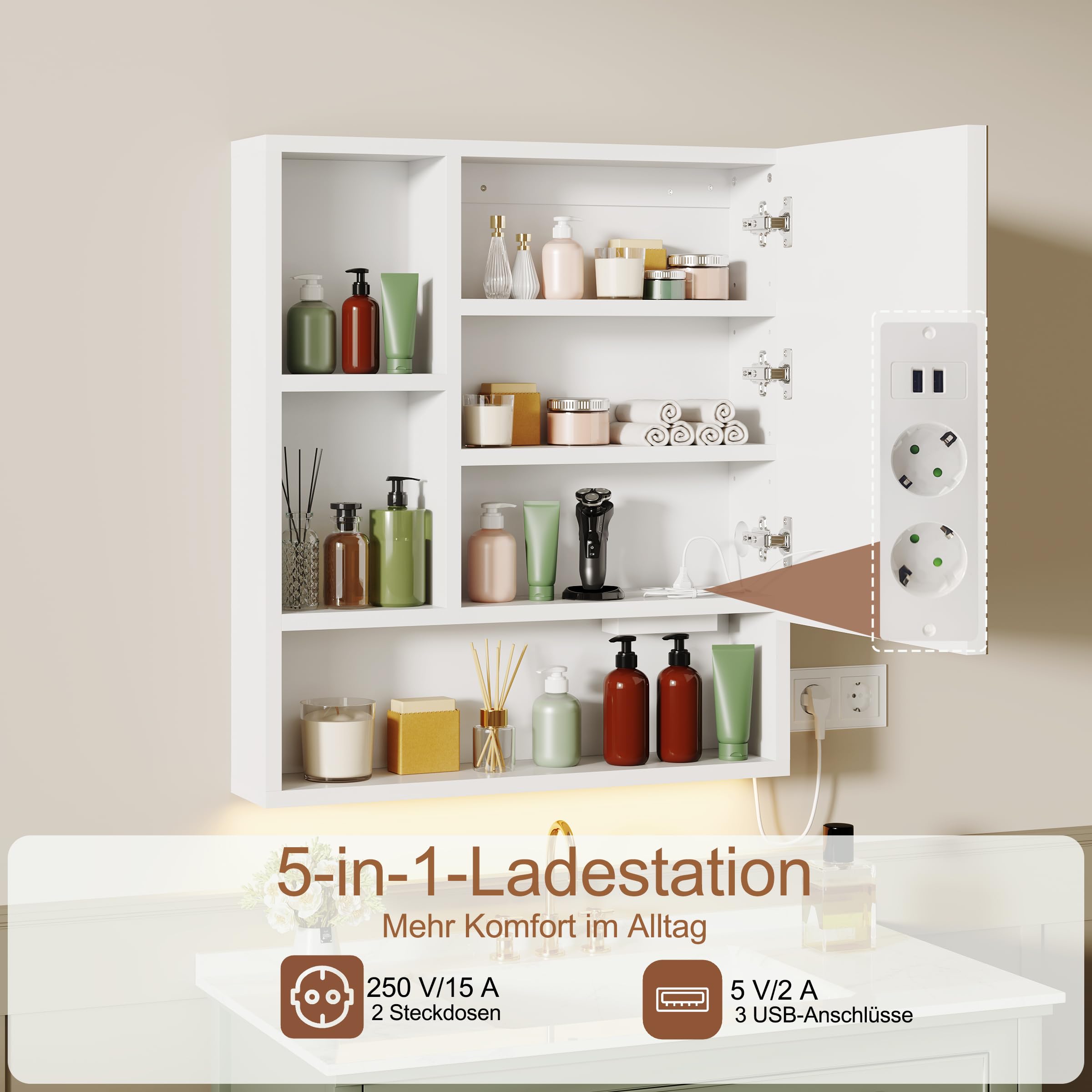 Spiegelschrank Bad mit Beleuchtung und Antibeschlag Funktion Hängender Badezimmer Spiegelschrank mit Zeit- und Temperaturanzeige,Steckdose,Haartrocknerständer und 6 Staufächer,70x80x16 cm