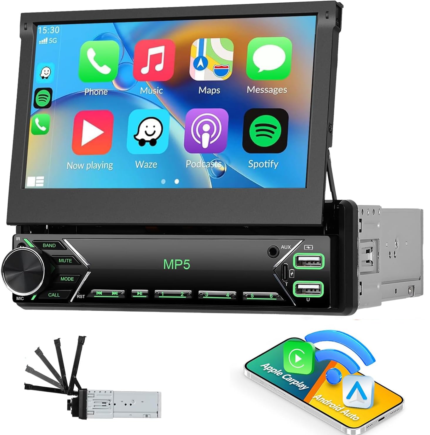 [Bezprzewodowe uaktualnienie] Odtwarzacz samochodowy CAMECHO 1 DIN z CarPlay i Android Auto, ekran 7-calowy teleskopowy, Bluetooth do rozmów bez rąk, ładowanie USB-C, wejścia USB/AUX/FM