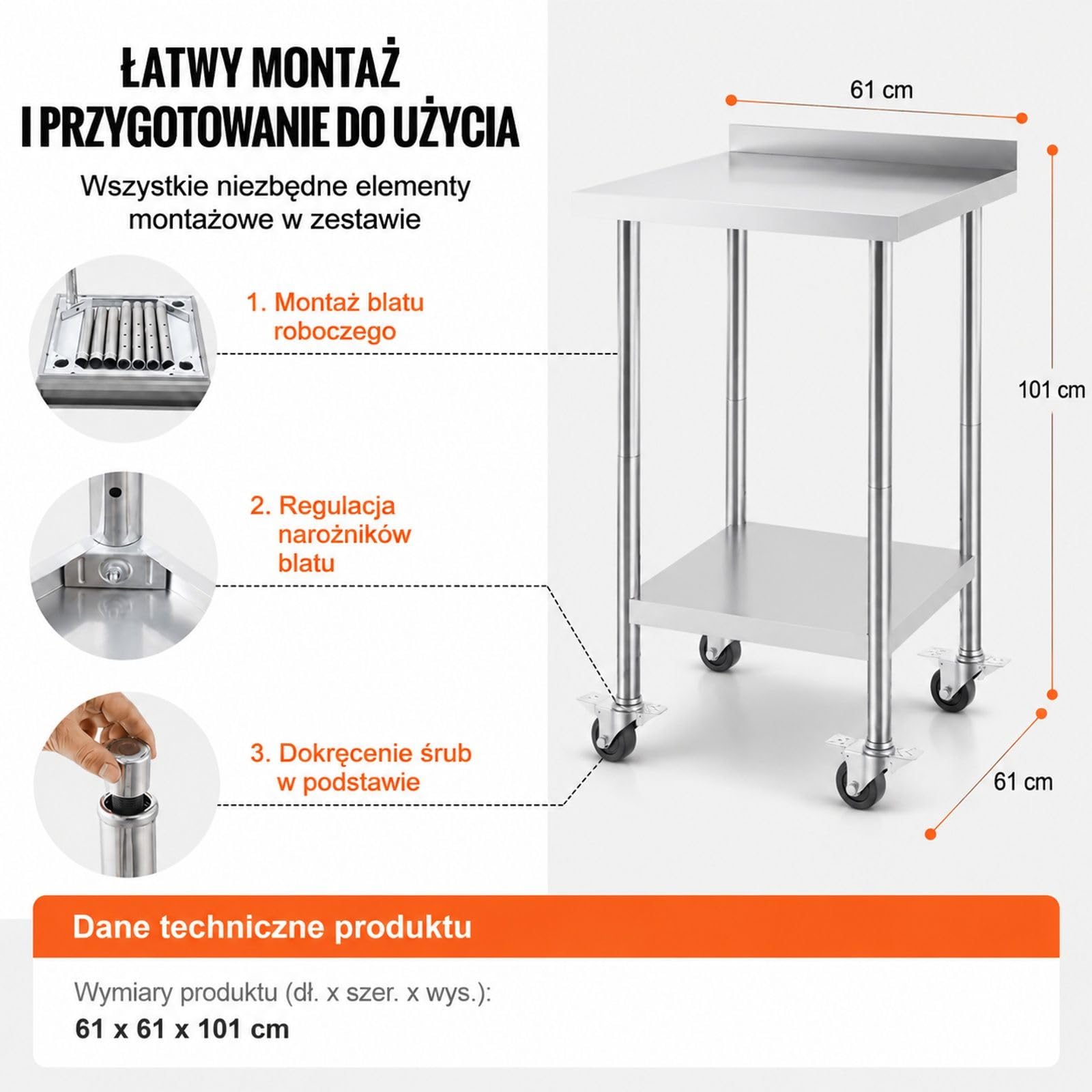 Stół roboczy ze stali nierdzewnej na kółkach, dwupoziomowy blat kuchenny do restauracji i domu