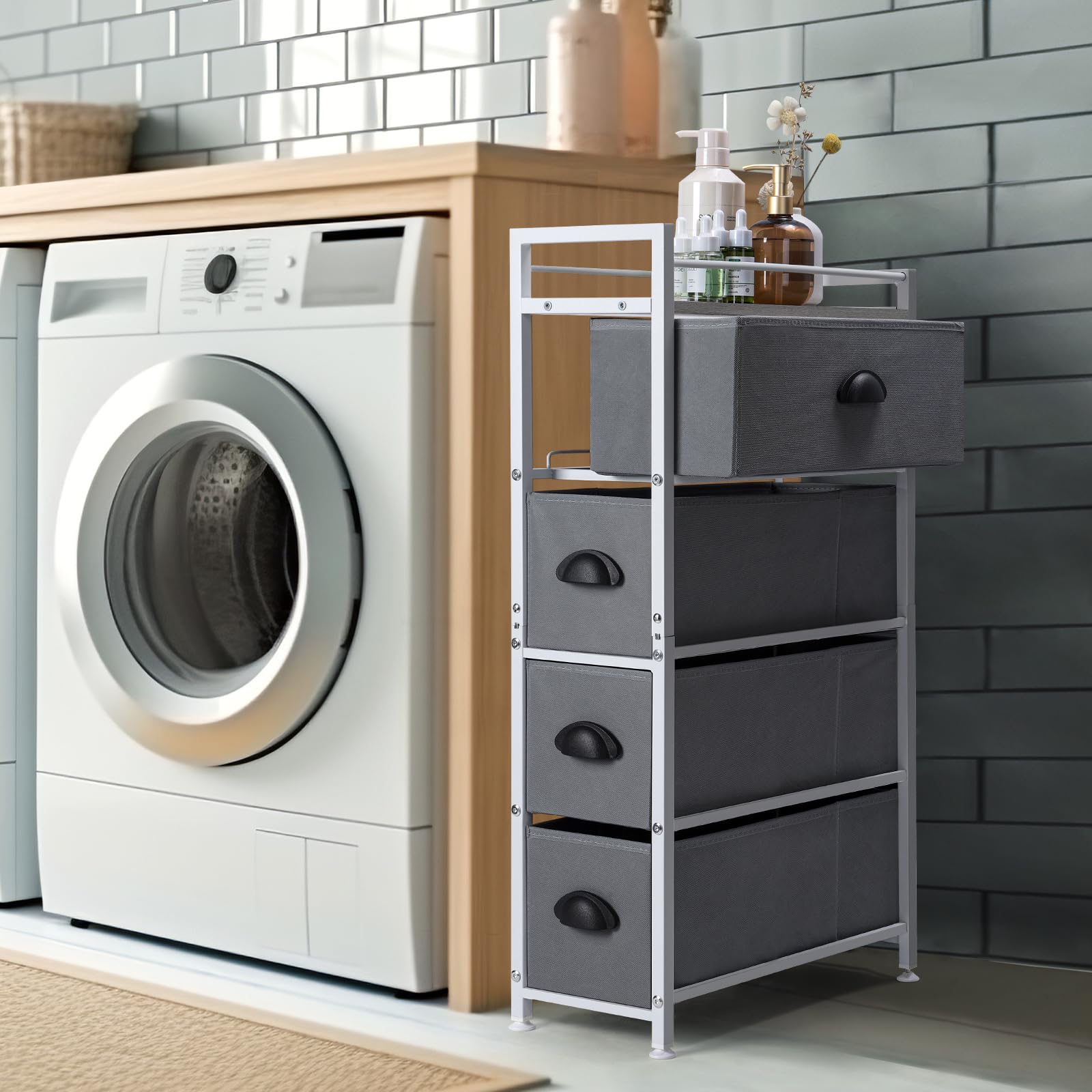 Narrow Dresser - 4 Drawers Slim Fabric Storage Cabinet - Vertical Standing Storage Chest - Gaps Tower Organizer with Removable Drawers and Wooden top for Laundry,Living Room,Entryway (White_Side pull)