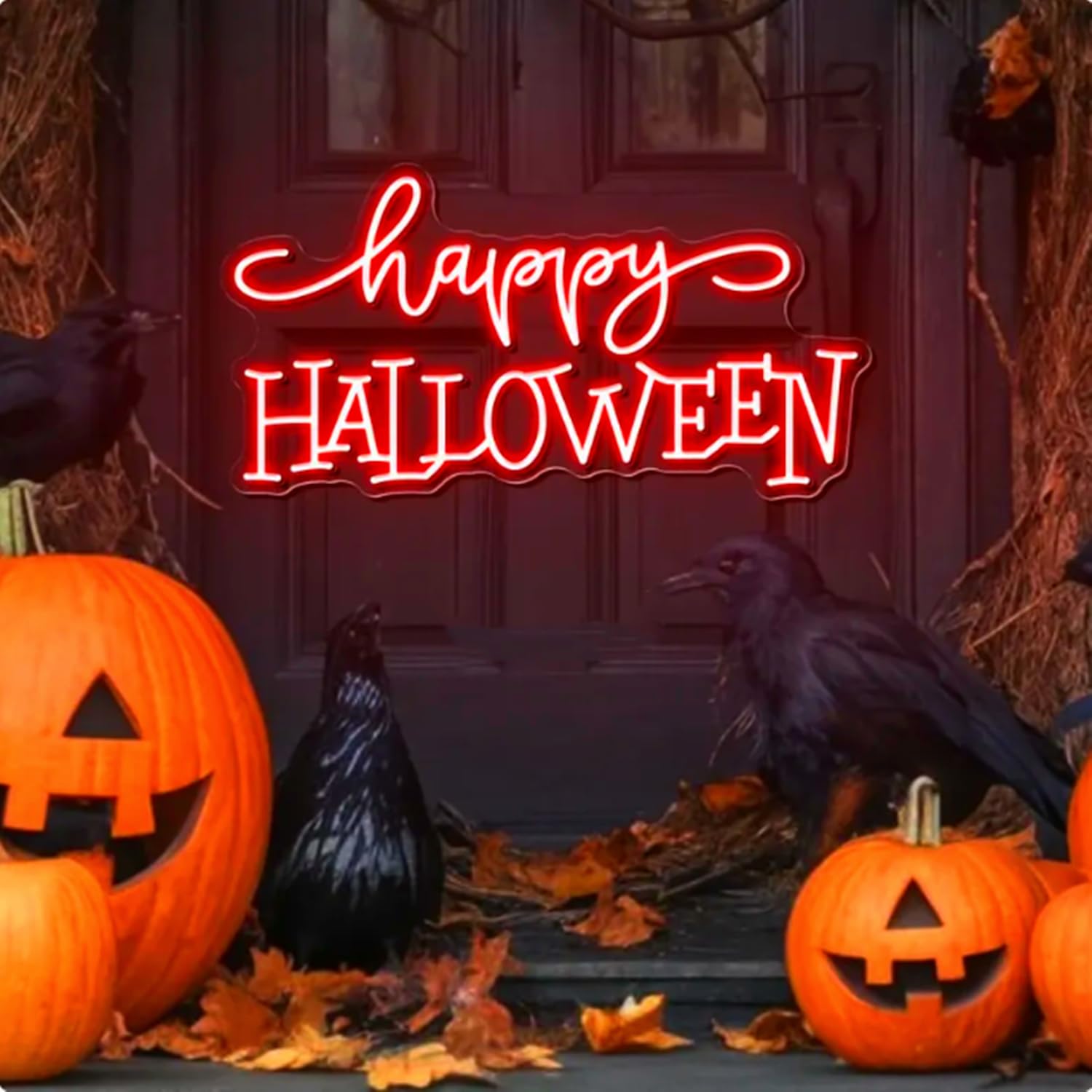 Large Happy Halloween Neon Sign, Custom LED Neon Light with Dimmable Switch and Hanging Chain, Family Spooky Party Wall Art Decor, Holiday Home Decoration, Gift for Halloween Party — image 1