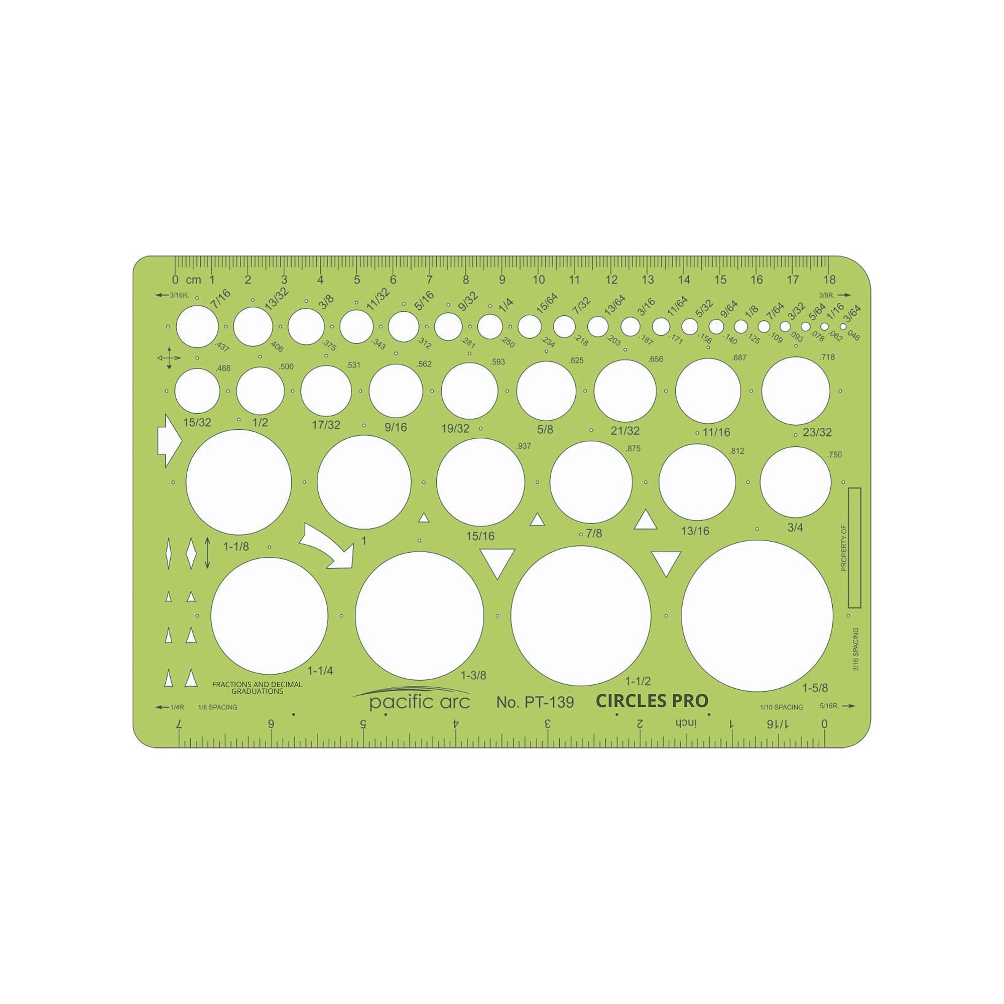 Pacific Arc Circle Template - 55 Shapes from 3/64” to 1.625" - Drawing Aid Stencil for Professional or School Work - Size 6.375" x 9.75"