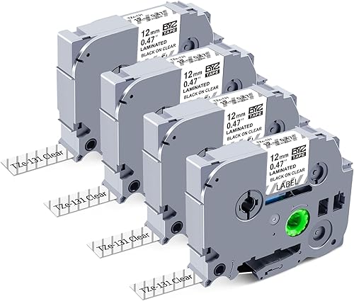 Paquete de 4 cintas TZ de 0.472 in 0.47 laminadas transparentes compatibles con Brother P Touch TZe-131 Negro sobre cinta transparente para Brother