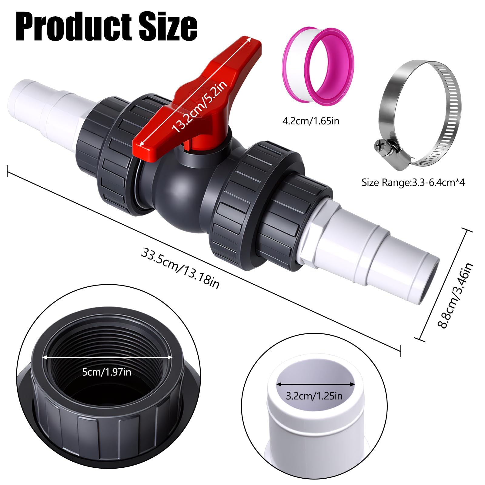 Valvola per Piscina con Raccordo 50 mm, Valvola a sfera professionale per Tubo Flessibile da 32-38 mm Raccordo per Piscina Rubinetto di Arresto da 1 1/2", 2 Raccordi