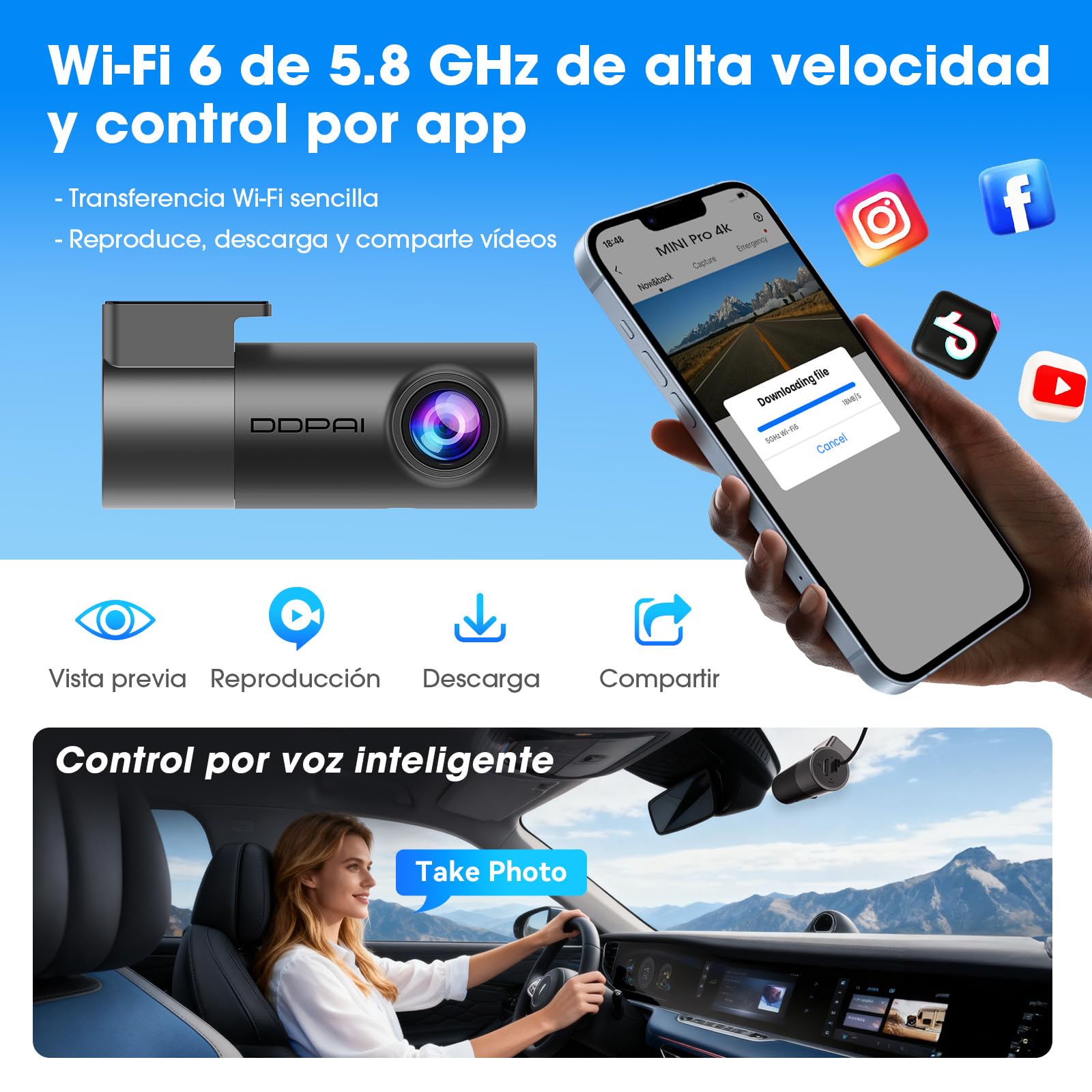 DDPAI Mini Pro 4K Dash CAM Coche, Cámara 2160P, Giración de 360°, Tarjeta 64GB Incluida, Visión Nocturna, 24H Monitor Aparcamiento, 5.8G WiFi 6, Grabación en Bucle, Control por App, Supercondensador