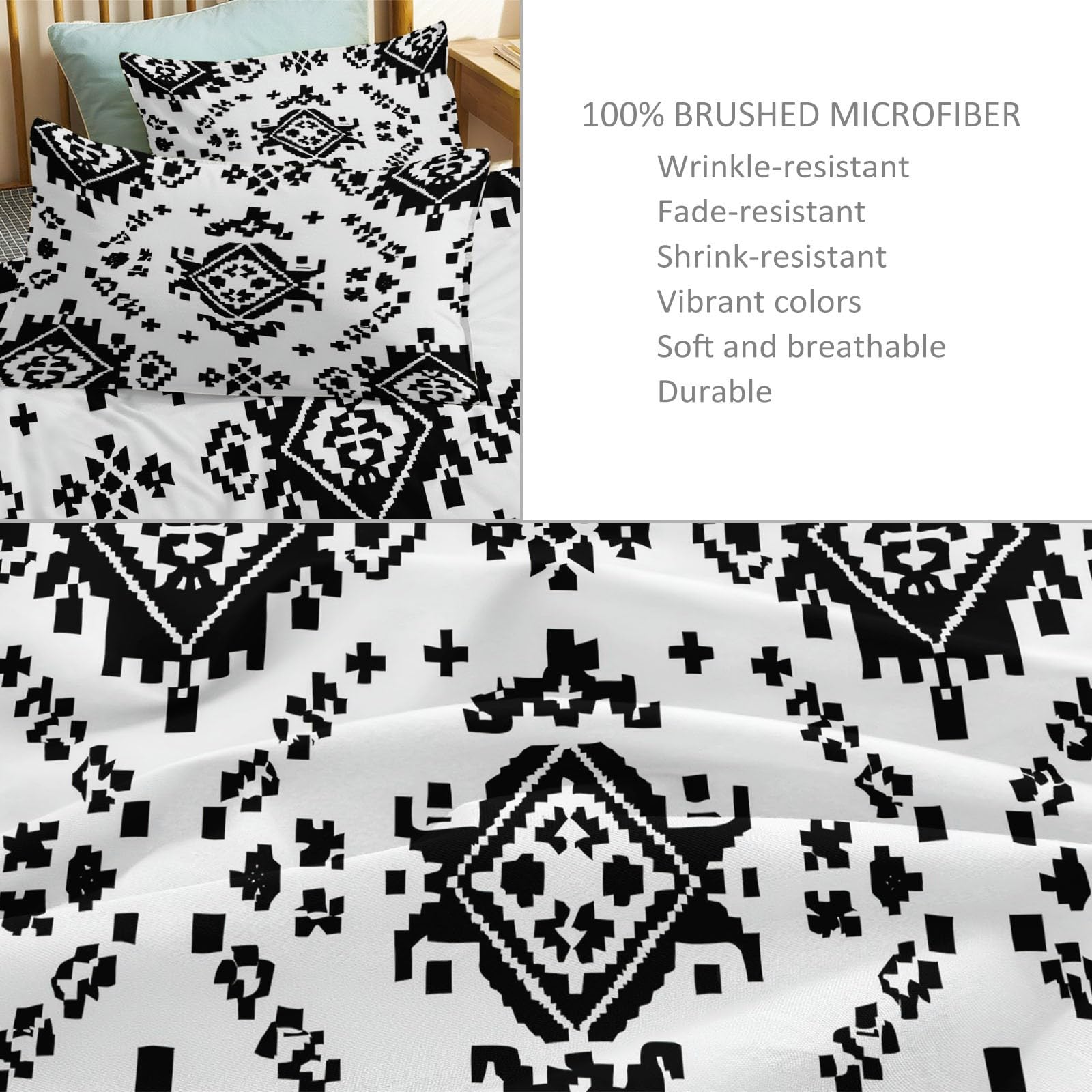 Zestaw pościeli 180 x 200 cm, pościel w stylu retro, z geometrycznym nadrukiem, miękka mikrofibra, dla alergików, 3-częściowy, poszewka na kołdrę z zamkiem błyskawicznym, dwustronna pościel dla dzieci