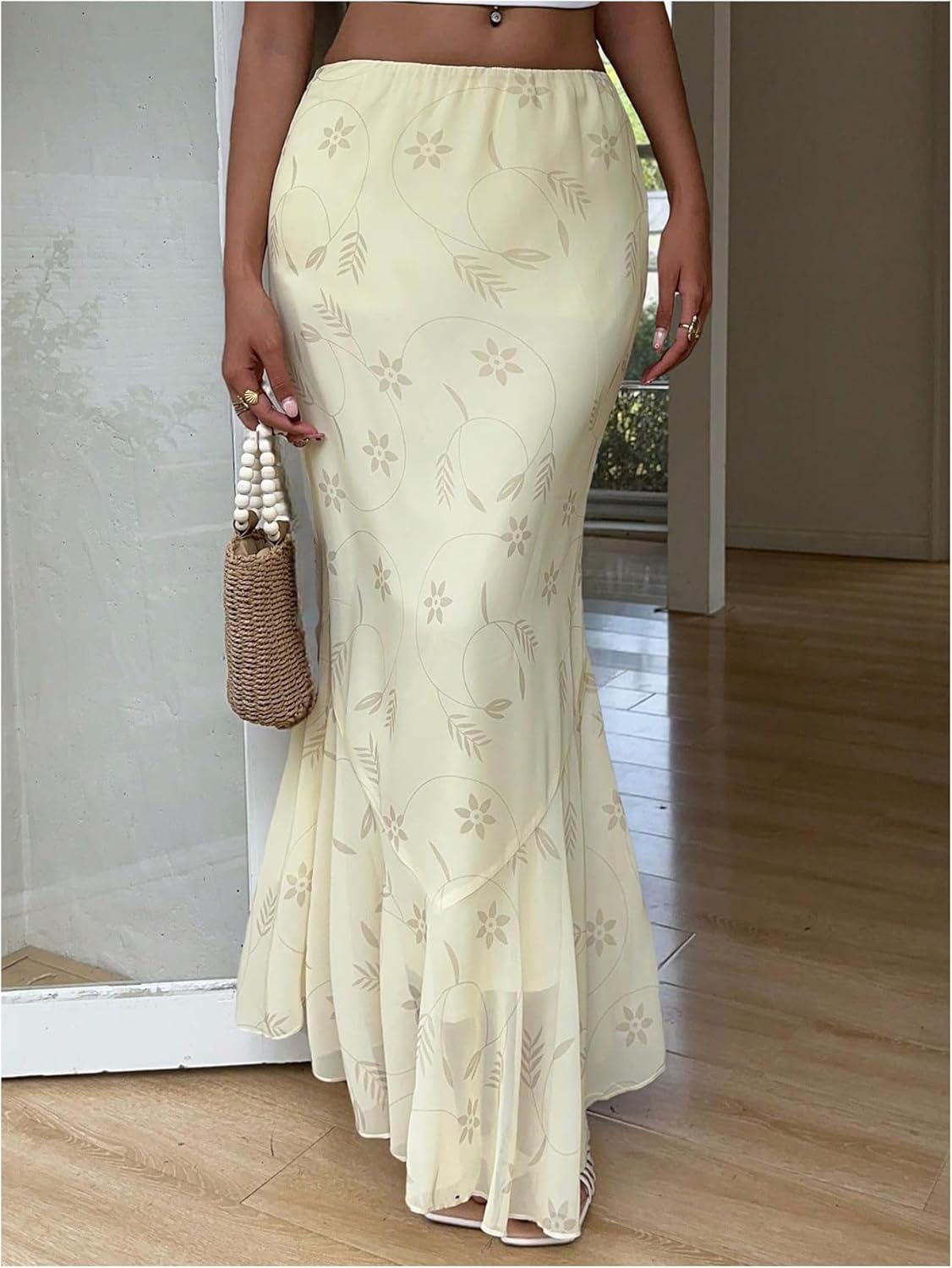 MakeMeChic Women's Summer Mesh Floral Skirt Low Waist Ruffle Fishtail Maxi Skirts - Image 5