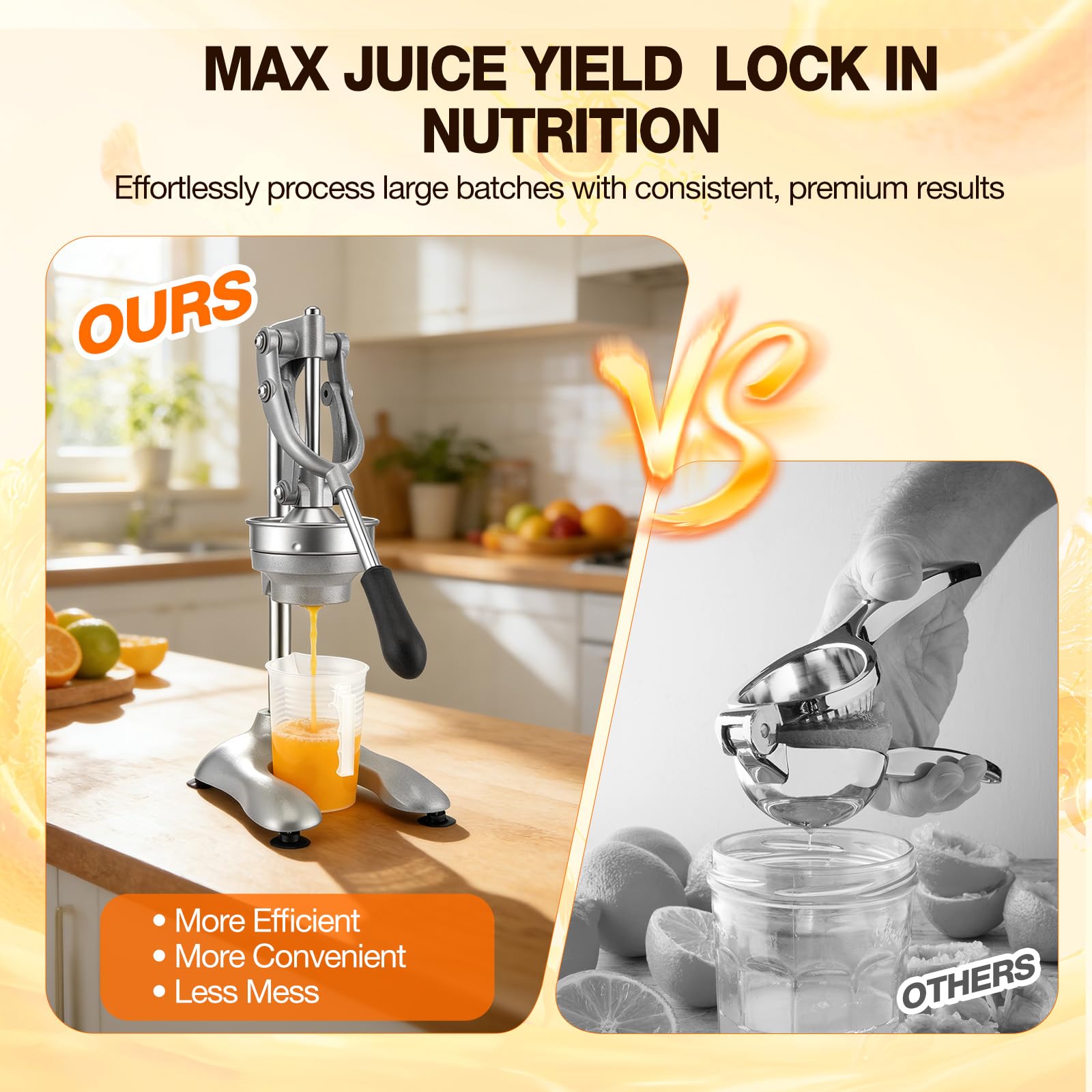Saftpresse Manuell Profi, Zitruspresse mit Hebel für Orangen Zitronen Grapefruit, Gastro Qualität Aluminium Edelstahl, kraftsparende Fruchtpresse ohne Strom inklusive 500ml Messbecher