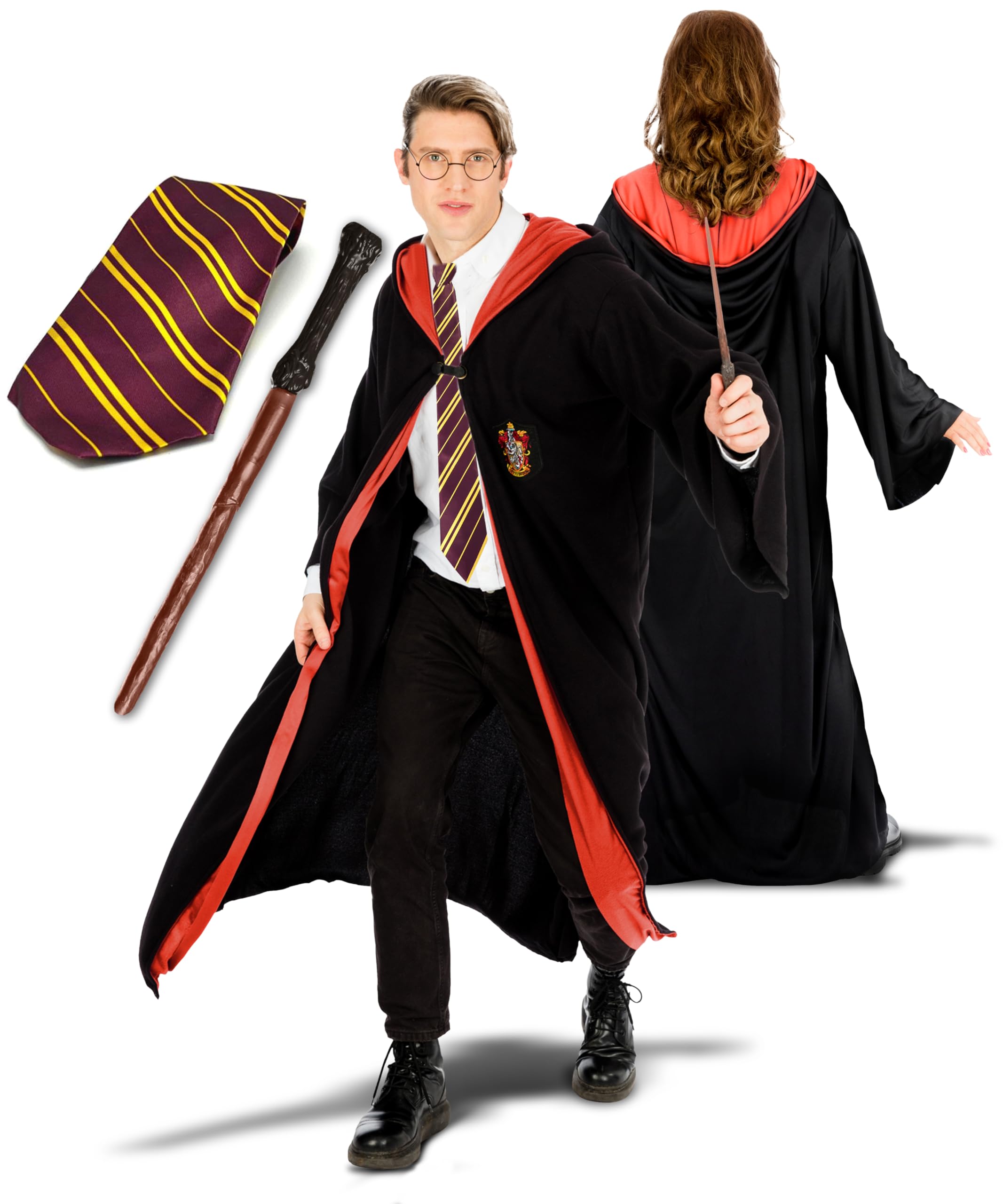 Dreamzfit 3-Piece Wizard Costume Set for Adults  Complete Hogwarts-Inspired Outfit Includes Robe, Tie & Magic Wand | Perfect for World Book Day, Cosplay, Themed Parties & Magician Performances