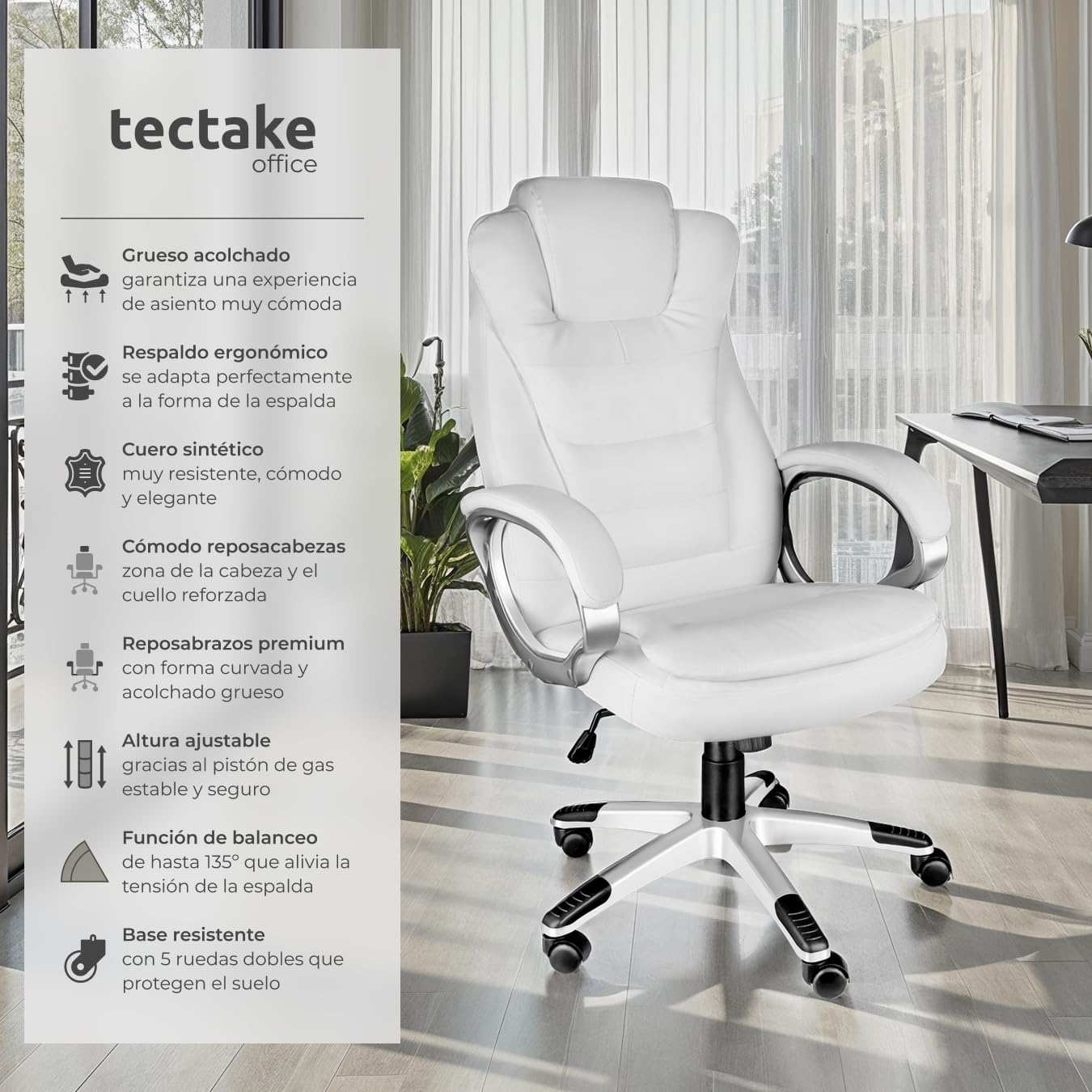 tectake® Silla EJECUTIVA DE DISEÑO, Silla Giratoria Oficina, Sillón Ergonómico con Acolchado, Altura Ajustable, Silla Oficina Ergonomica, Sillas Escritorio - Blanco