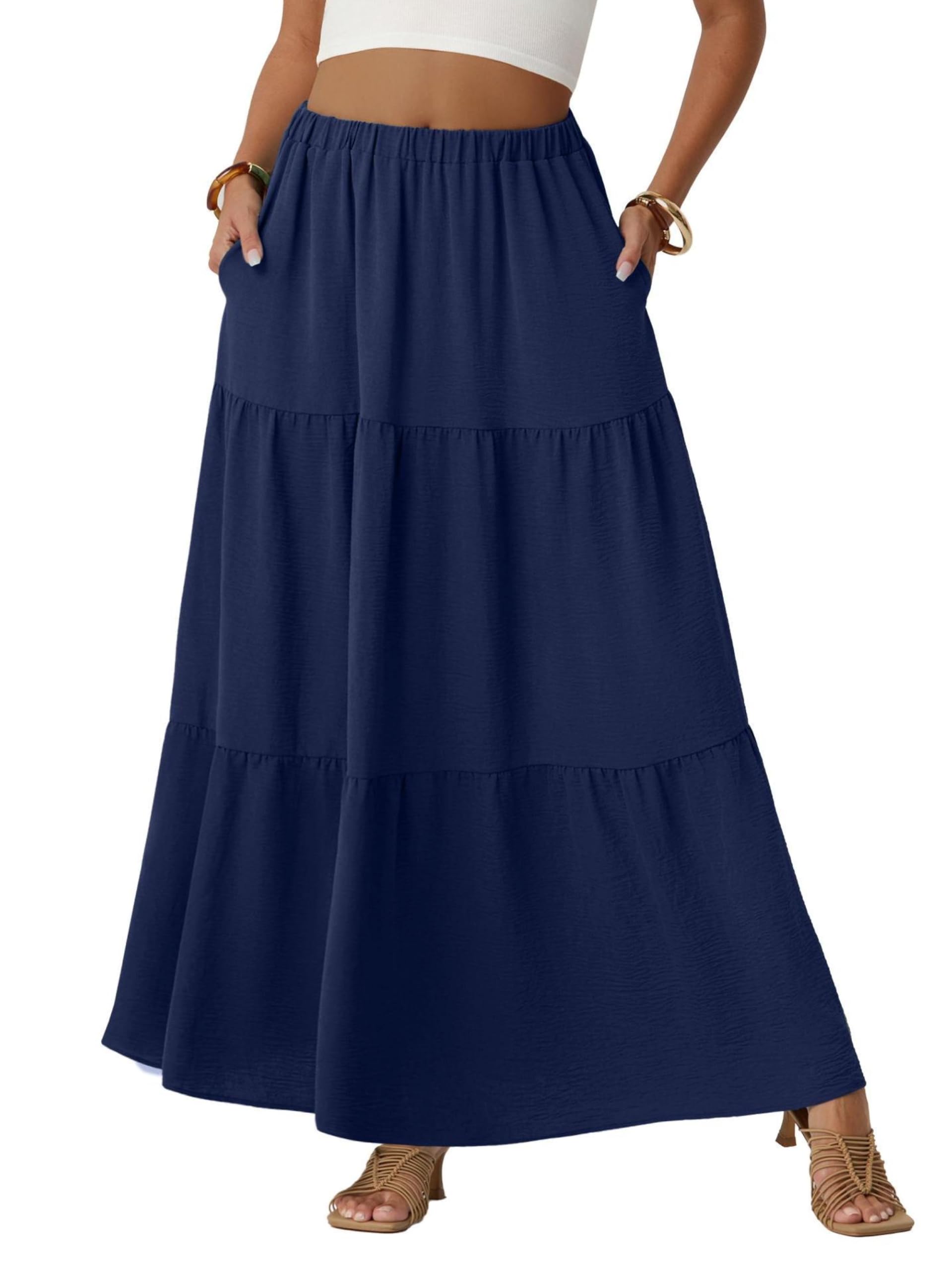 QIXING Damen Maxirock Sommer Boho Blumen Muster Hohe Taille Langer Fließender Rock mit Taschen Stufenrock Elastischer Taille