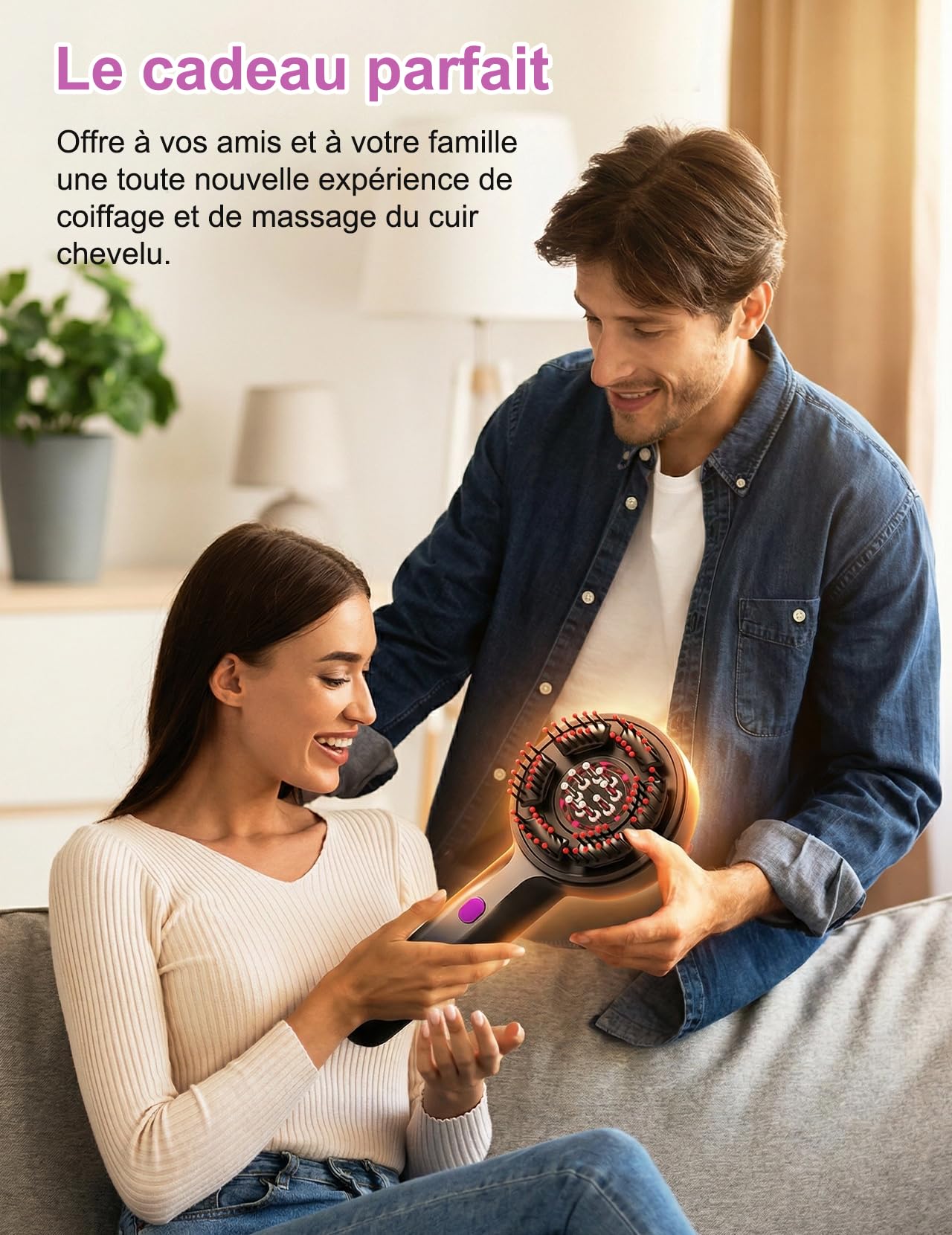 EMS Comb Brosse de massage électrique 2 en 1 pour cuir chevelu | 66 dents de massage, 8 dents de conduction d'huile, 1400 mAh, Portable, 3 niveaux de massage
