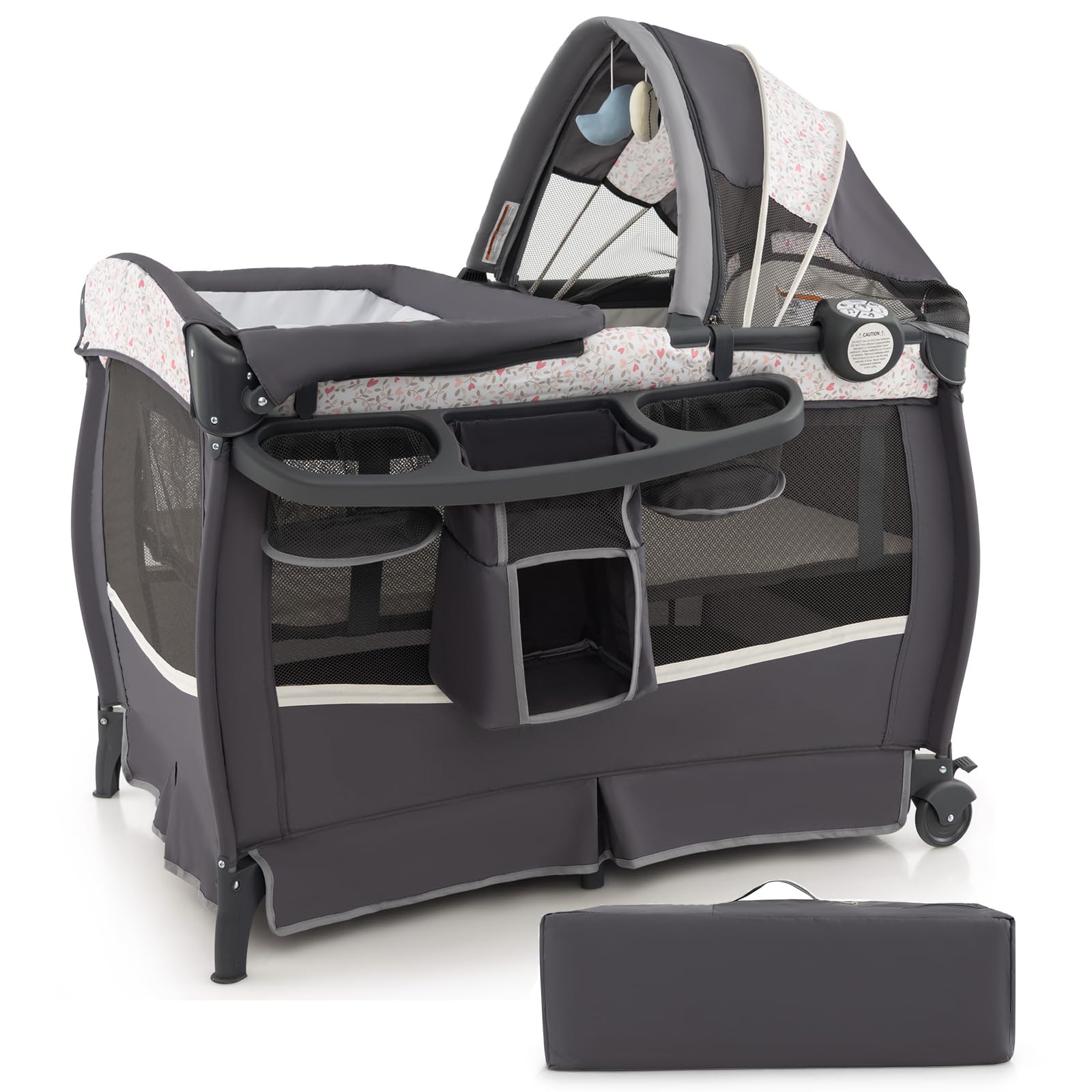 GYMAX 4 in 1 Folding Travel Cot, Portable Baby Bed Playard with Adjustable Canopy, Changing Table, Music Box, Mattress & Storage Rack, Infant Bassinet Nursery Center for Newborn (Dark Gray+Floral)