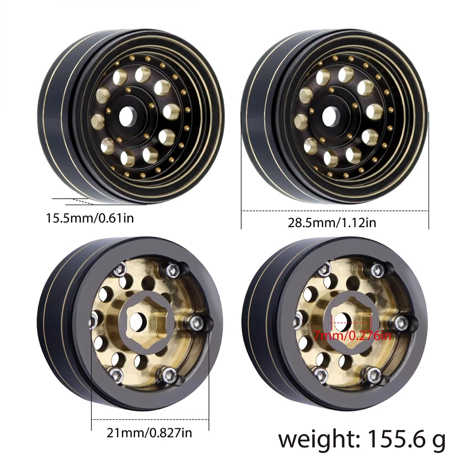 Per Axial Per SCX24 AX24 Per TRX4M Per FCX24 1/24 1/18 39g -2.65mm Cerchioni Beadlock In Ottone Rivestito Nero Da 1.0" Ricambi Auto RC Crawler Accessori Giocattoli Rc