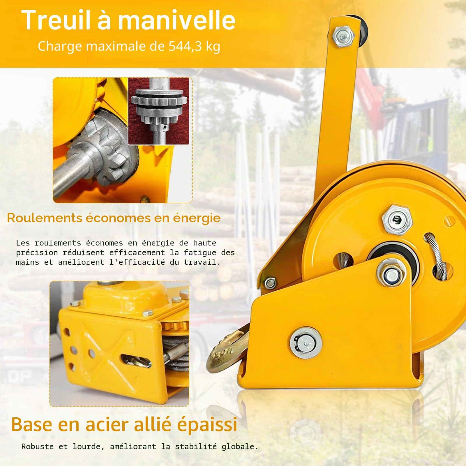 Treuil Manuel, 1200 Lbs (545 Kg) Avec CâBle En Acier 10 M Avec Frein Et Crochet Treuil Forestier Et De Bateau Pour Traction Horizontale 545 Kg Et Levage Vertical 150 Kg Pour Le Levage Et Le Relevage
