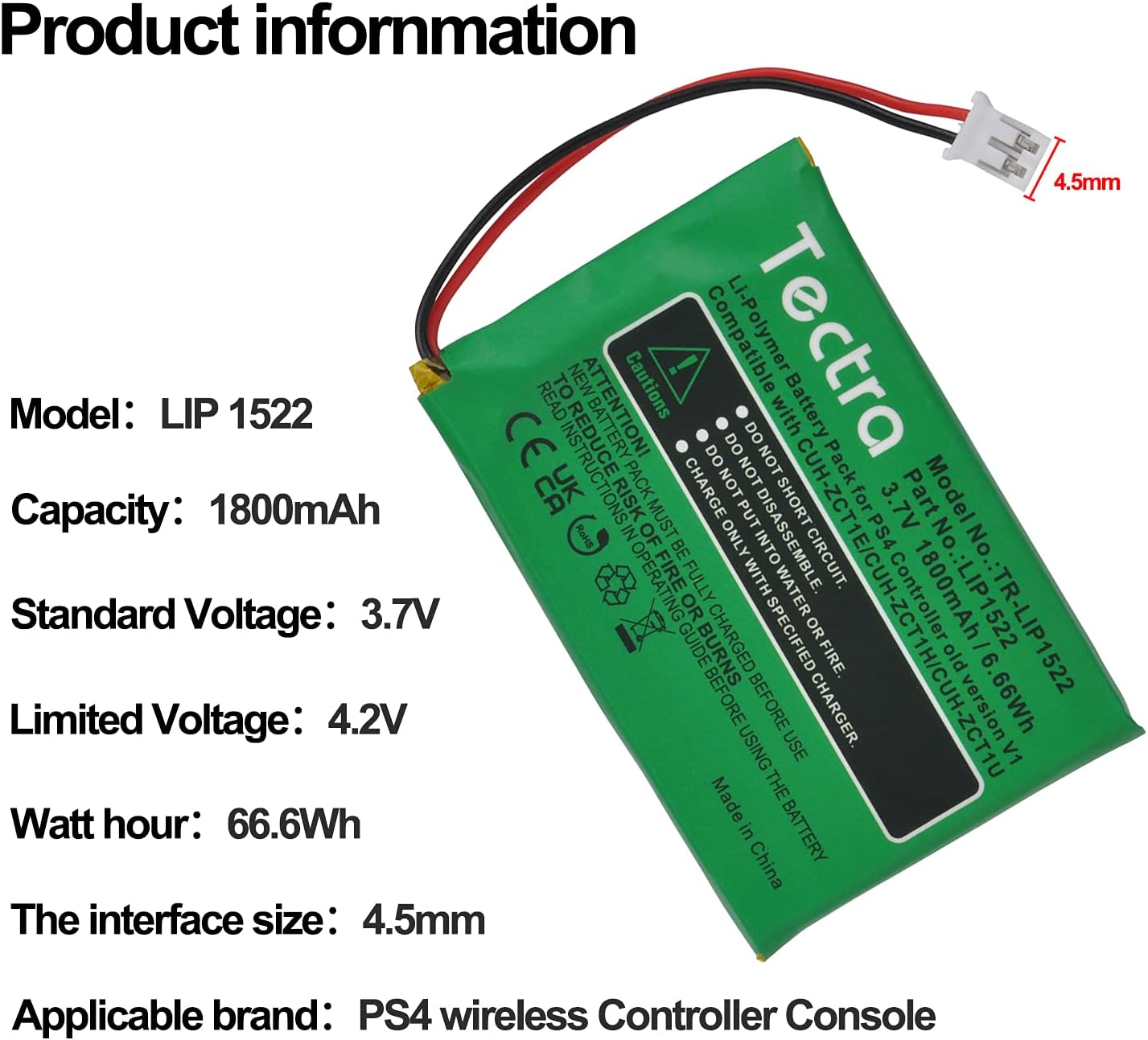 Tectra 2pcs 1800mAh LIP1522 Battery for Sony PlayStation 4 PS4 Dualshock 4 CUH-ZCT1E CUH-ZCT1H CUH-ZCT1U Wireless Controller(Big Plug), NOT Compatible with The 2016 (or Newer) CUH-ZCT2 or CUH-ZCT2U