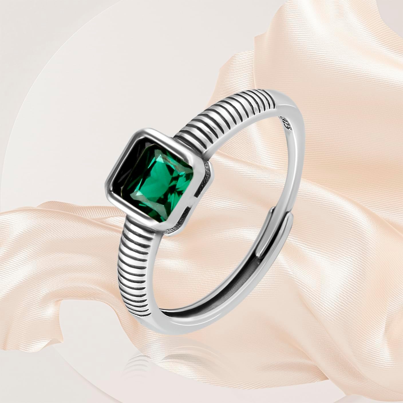 Artisan Square-Cut Created Emerald Ring for Women – Adjustable 925 Sterling Silver, Vintage Ribbed Band, Hypoallergenic Gift – Perfect for Birthdays, Christmas & Anniversaries
