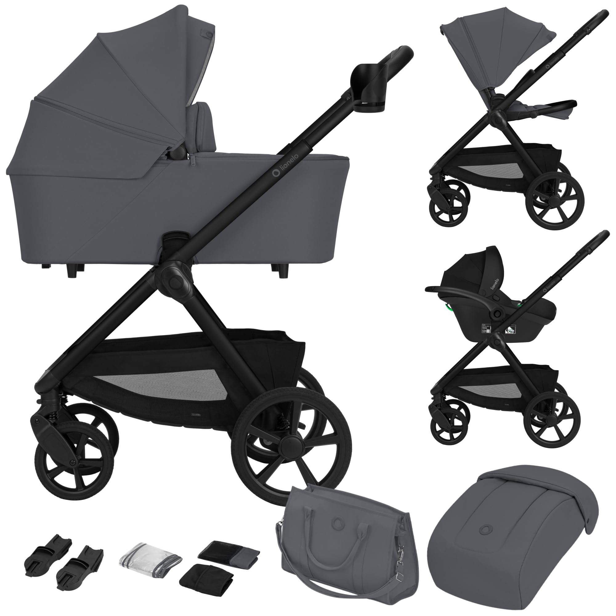LIONELO Carmine Passeggino Trio 3 in 1 per Bambini 0-4 Anni fino a 22 kg | Sistema Modulare Pieghevole, Navicella Portatile e Seggiolino Auto Ovetto, Ruote GravelTech, Ammortizzazione, Cappottina XXL