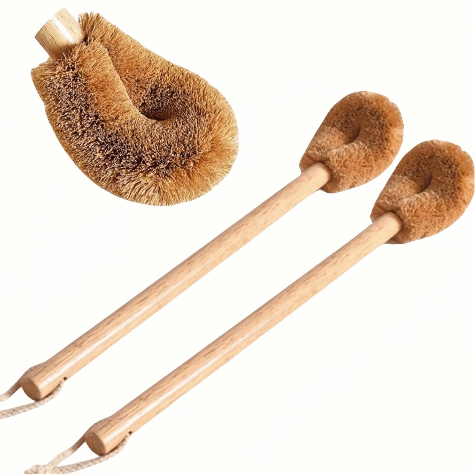 Natural Coconut Fibre Toilet Brush(2pcs), Wood Handle Cleaning Brush for Toilet