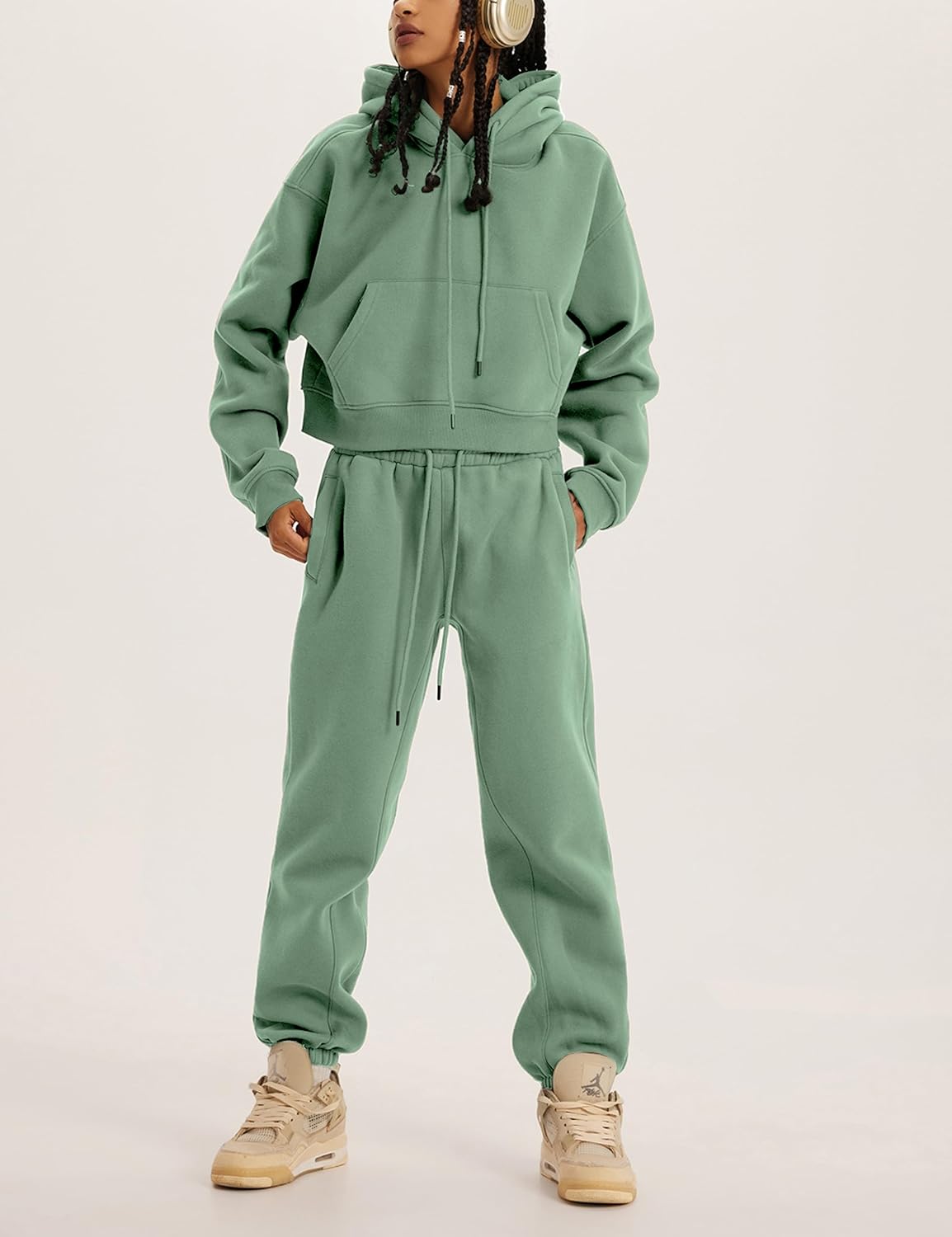 Tanming Women 2 Piece Outfits Sweatsuits Crop Pullover Fleece Sweatshirt Jogger Pants Lounge Set - Image 8