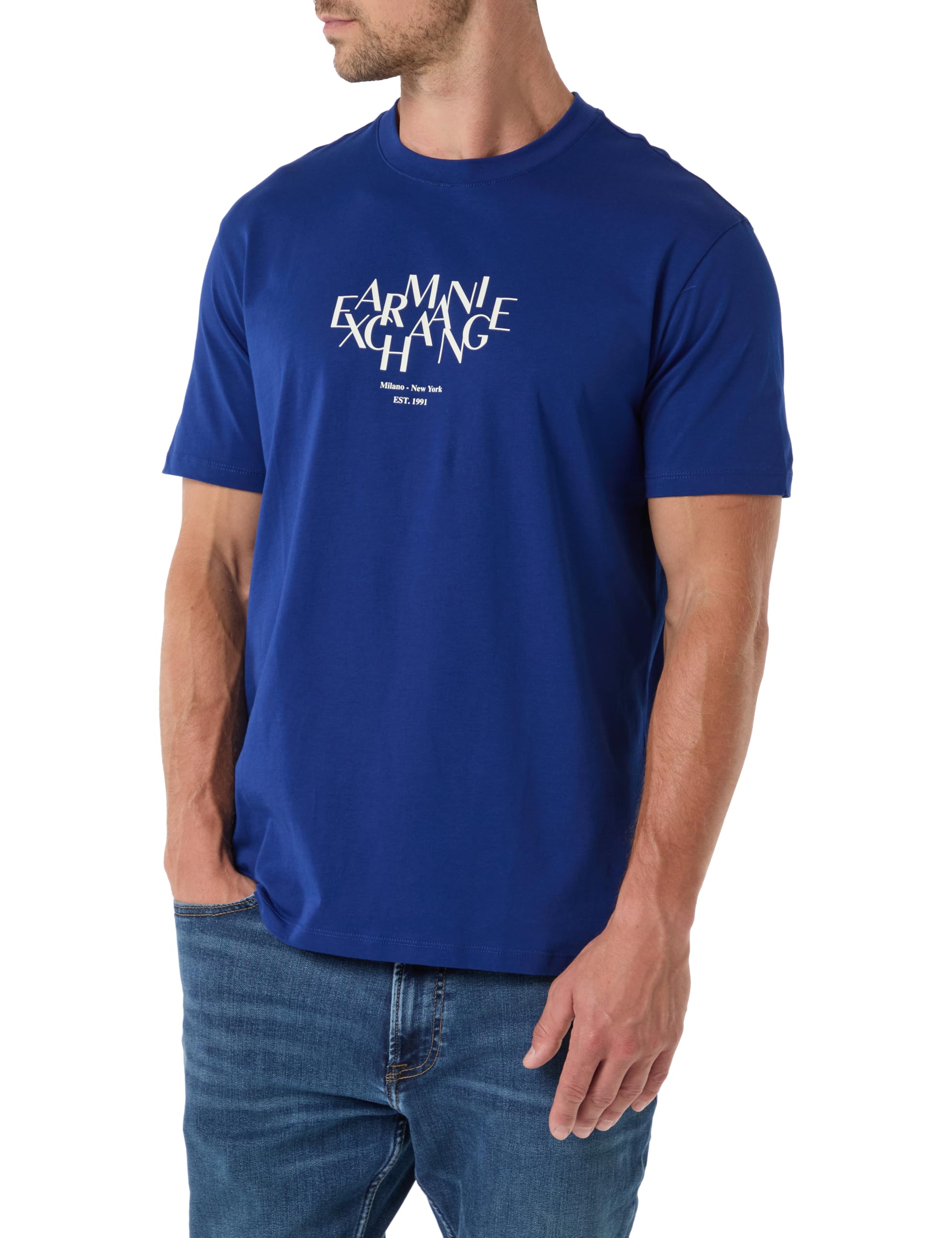 Armani Exchange Men's 3D Printed Front Logo Plain T-Shirt, Blue, L