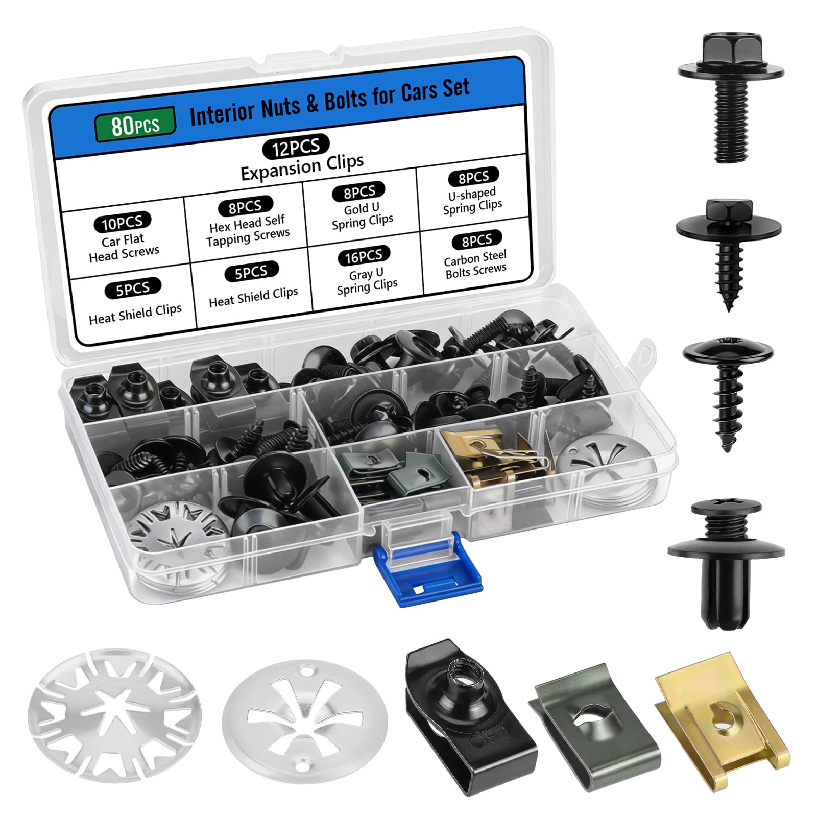 80 Pezzi Kit Bulloni Dadi Clip per Lamiere Auto, Clip di Fissaggio per Auto, Kit Assortimento di Vite per Autoveicoli,per Carrozzeria Panel Auto Viti Carene Bulloni di Fissaggio