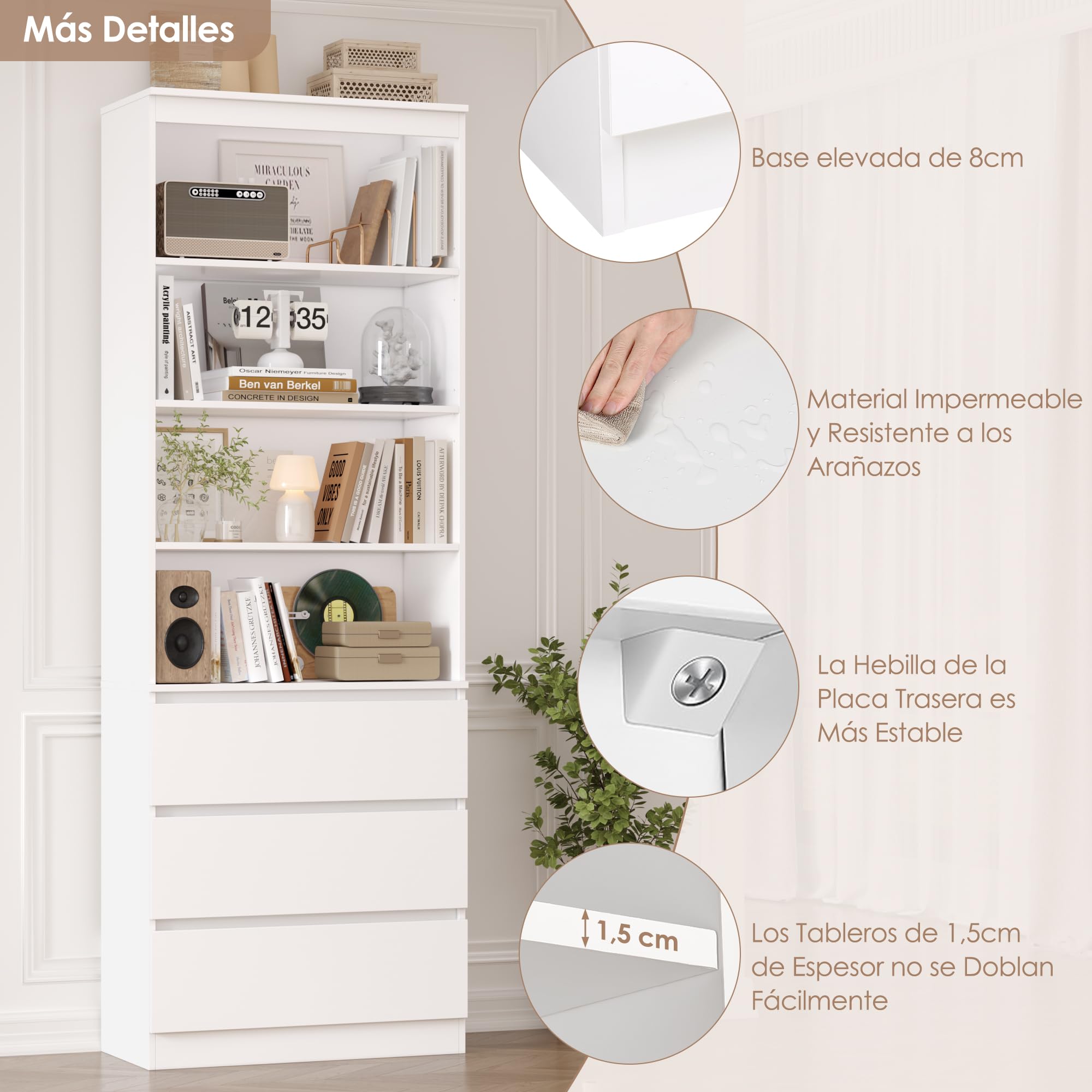 FirFurd 202cm Estantería con 3 Cajones, Estantería Libros, Librería, Estante, Mueble Almacenaje, para Oficina, Salón, Estudio, Comedor, Alta, 4 Compartimentos, Estantes Ajustables, Blanco, 60x35x202cm