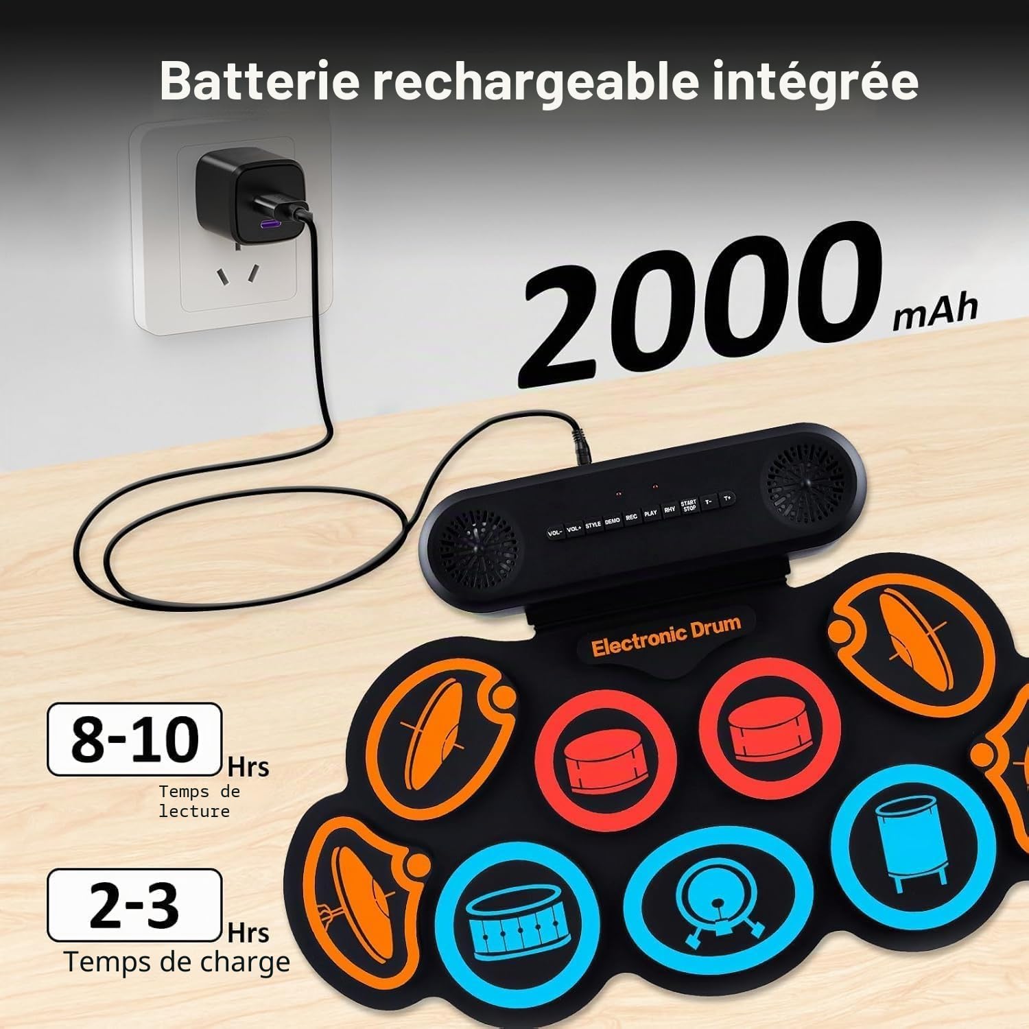 Kit de batterie électronique, 9 coussinets d'oreille enroulables, kit de tampon de batterie électrique avec prise casque, 10 heures de lecture, haut-parleur intégré (Couleur)