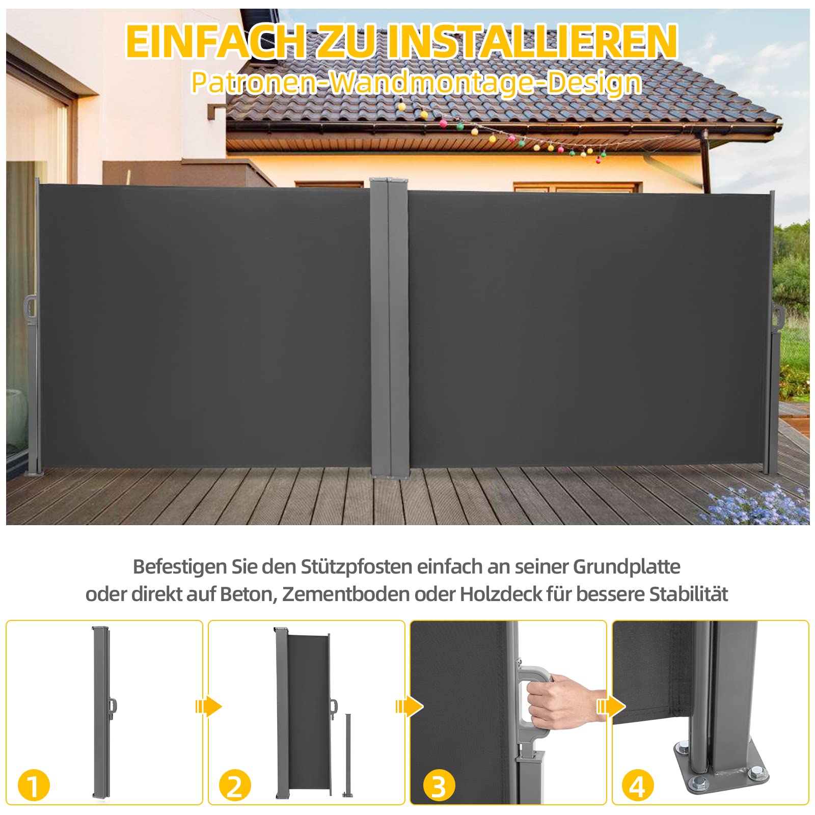 Markiza boczna z uchwytem do podłoża, wysuwana, ochrona przed słońcem, szara, 160 x 600 cm, ochrona przed wzrokiem na balkon, do ogrodu, na taras