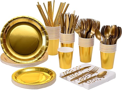 Miniatura 8 de YAOSHENG 201 piezas de suministros de fiesta de oro rosa, lunares de oro rosa en platos de papel blanco y servilletas, tazas de cubiertos que sirven