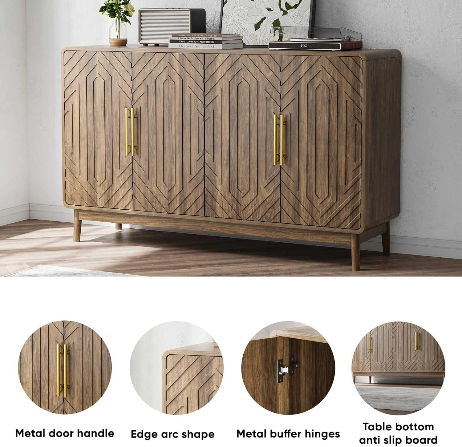 Mid-Century Modern Sideboard Buffet Cabinet with Storage, 55" Wood Credenza with Carved Door Design, Adjustable Shelves, Gold Handles, TV Stand Console for Living Room