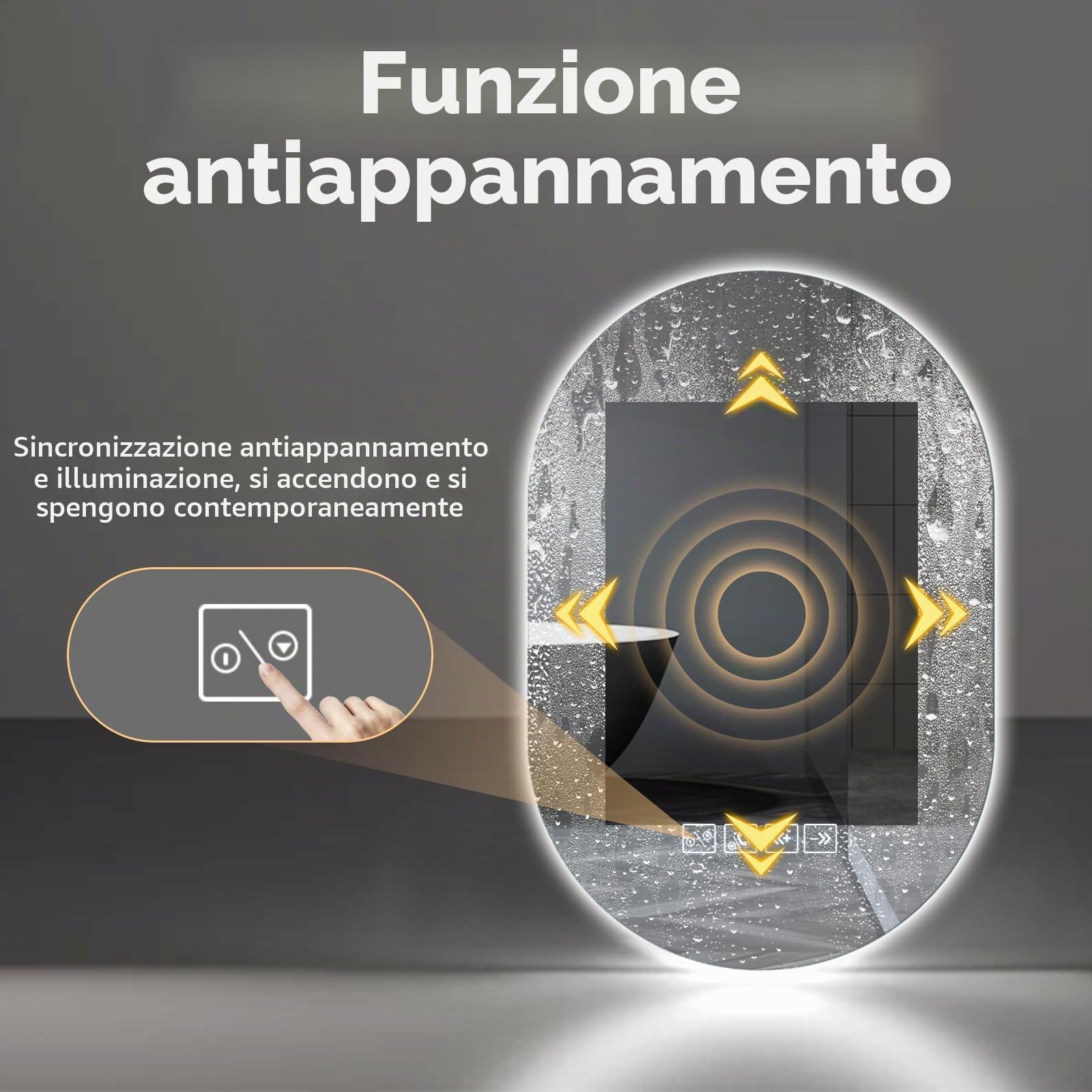 Specchio Bagno con Luce, 75x50cm, Specchio Smart con Antiappannamento, Memoria e Dimmerabile, Bluetooth per Musica, Tasto a Sè, Installazione Orizzontale o Verticale