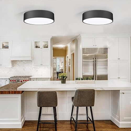 Miniatura 5 de POLITAMP Lámpara de techo LED redonda negra de montaje empotrado, 11.8 pulgadas, 2 luces cerca de las luces de techo, lámpara de techo industrial de