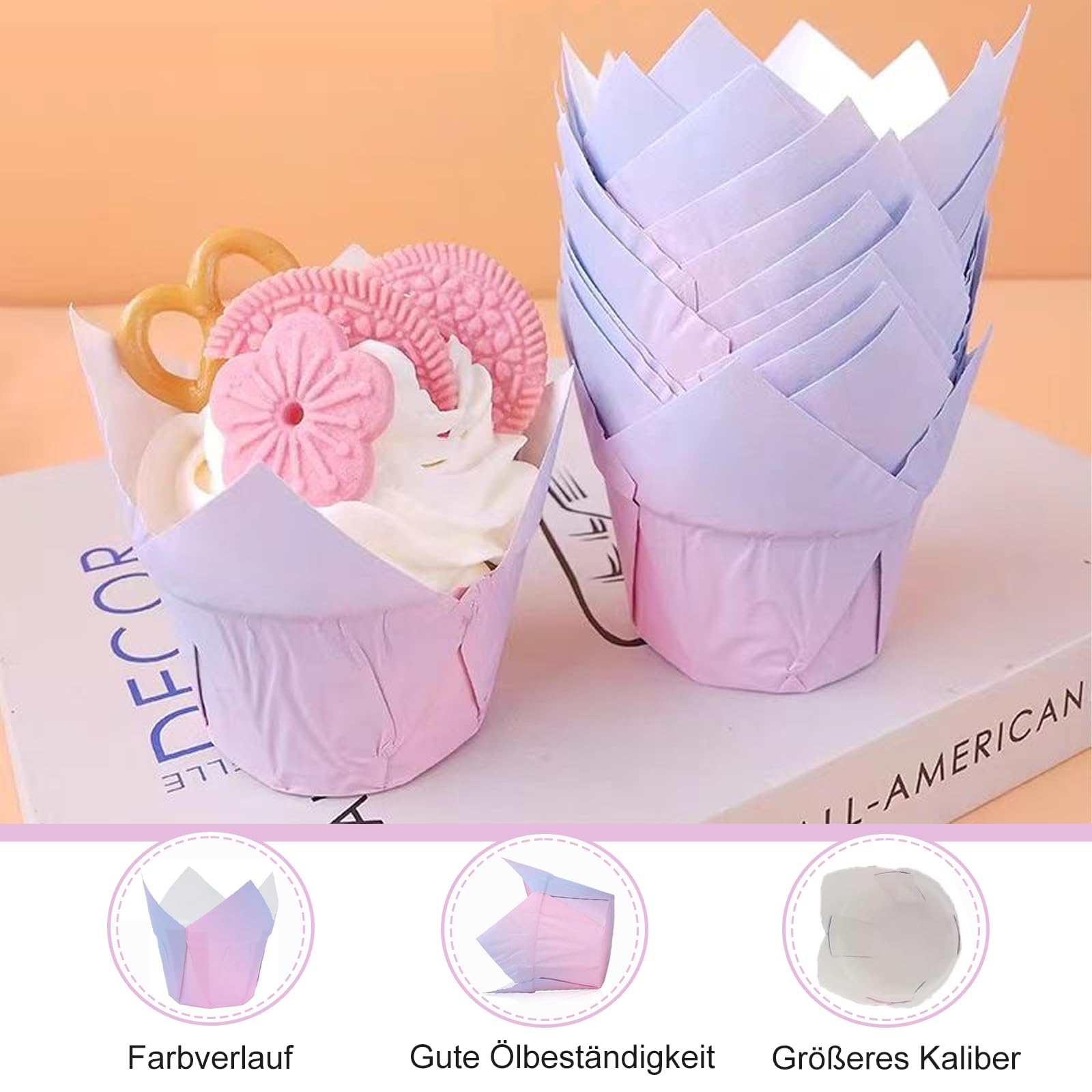 Papierowe foremki do muffinek, 100 sztuk, 50 sztuk dekoracji babeczek, tulipanów, papierowe foremki do muffinek, na przyjęcia urodzinowe, wesela (gradient fioletowy + różowy)