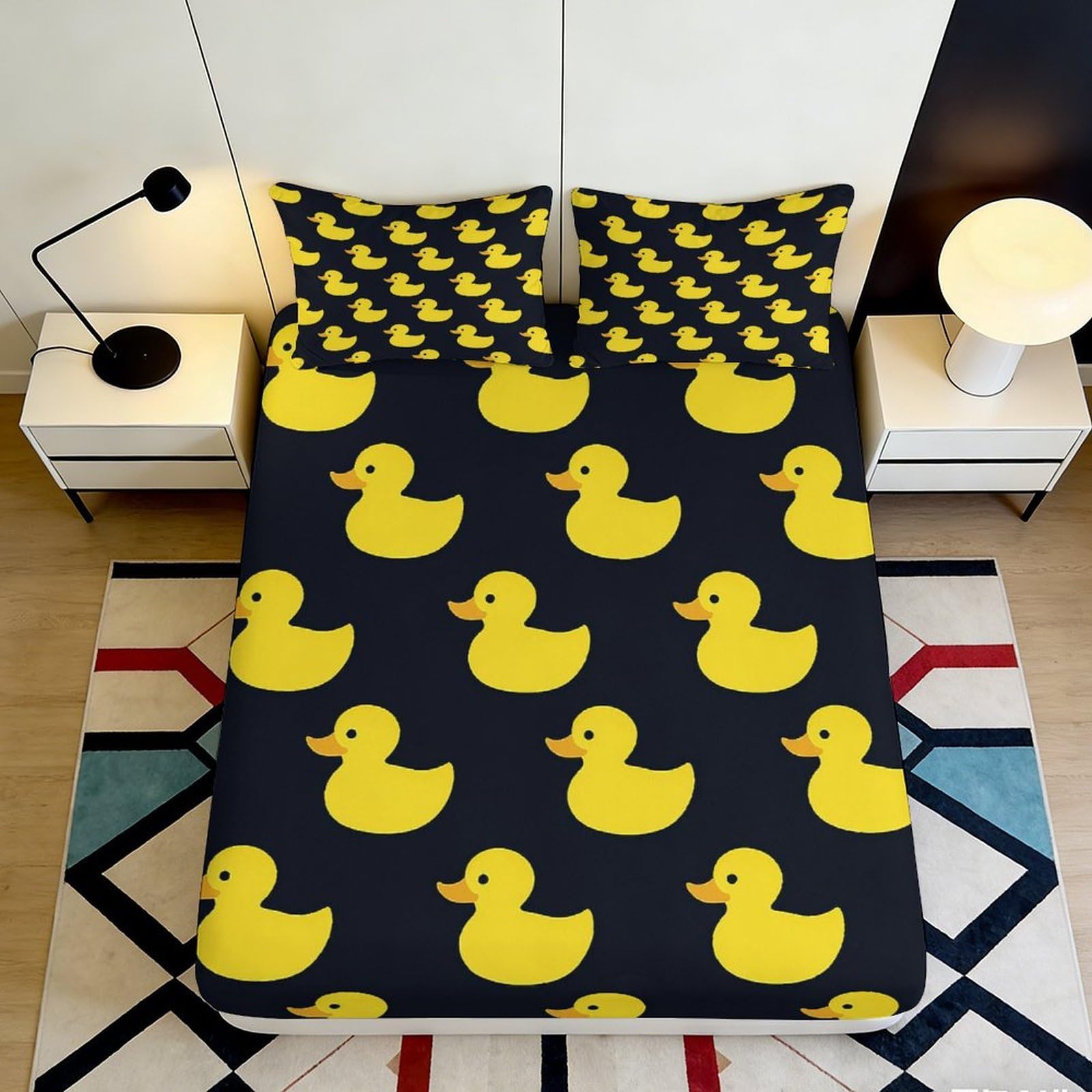 Qjzxknhpgr Style-2 3D Printed Yellow Duck Fitted Sheet Microfiber Soft Black Cartoon Mattress Cover For Bedroom Guest Room Dorm Decor 90X200x25cm