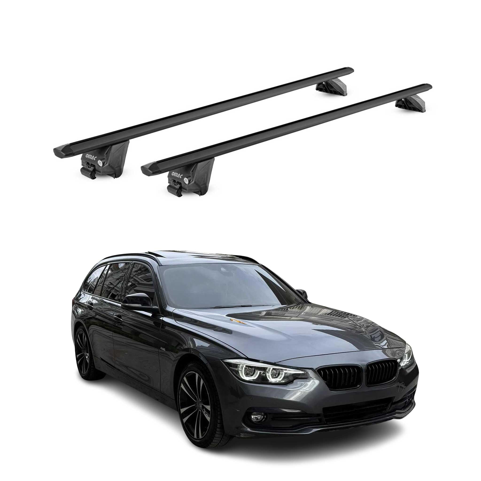 OMAC Barre Portatutto Alluminio TÜV geprüft per BMW 3er Touring F31 G21 2012-2025 – per Rail Tetto Integrati – T Nut – Max 100 kg – 2 Schlösser Nero